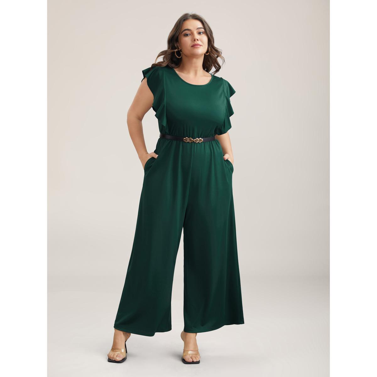 Plus Size DarkGreen Flutter Sleeve Waist Cinched Flared Jumpsuit Women Elegant Cap Sleeve Round Neck Everyday-Elegant Loose Jumpsuits BloomChic 26/4X Product Image