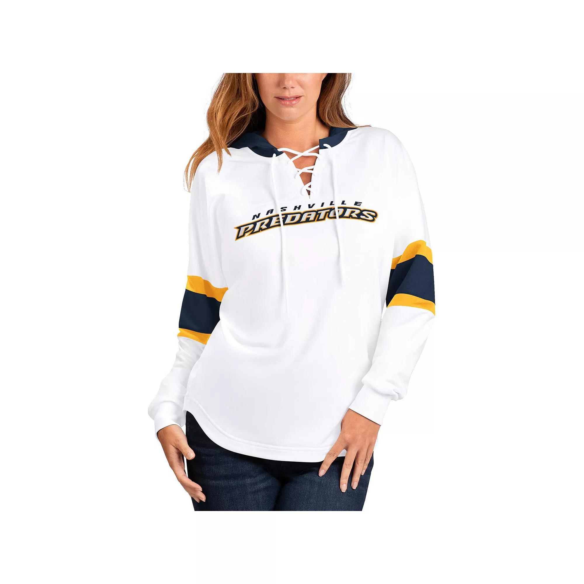 Women's G-III 4Her by Carl Banks White/Navy Nashville Predators Goal Zone Long Sleeve Lace-Up Hoodie T-Shirt, Size: Large, Pdt White Product Image