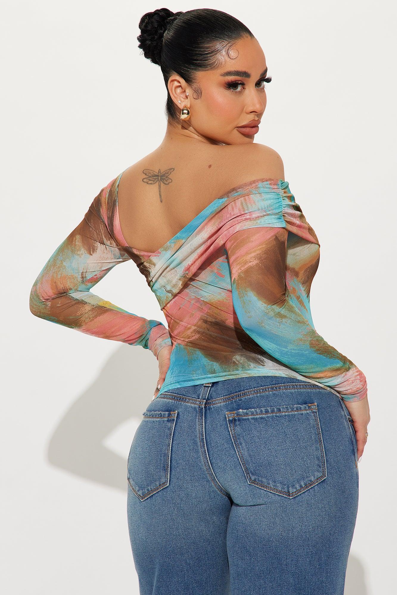 Gina Mesh One Shoulder Top - Aqua/Combo Product Image