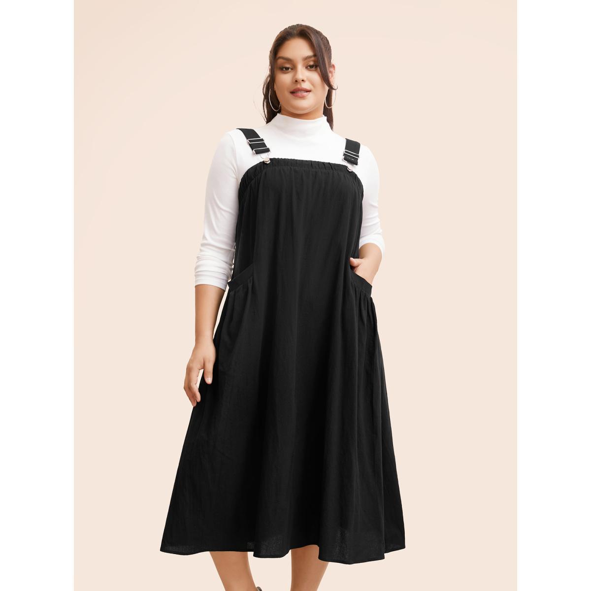 Plus Size Solid Gathered Adjustable Straps Overall Dress Black Women Casual Non Non Sleeveless Curvy BloomChic 14-16/1X Product Image