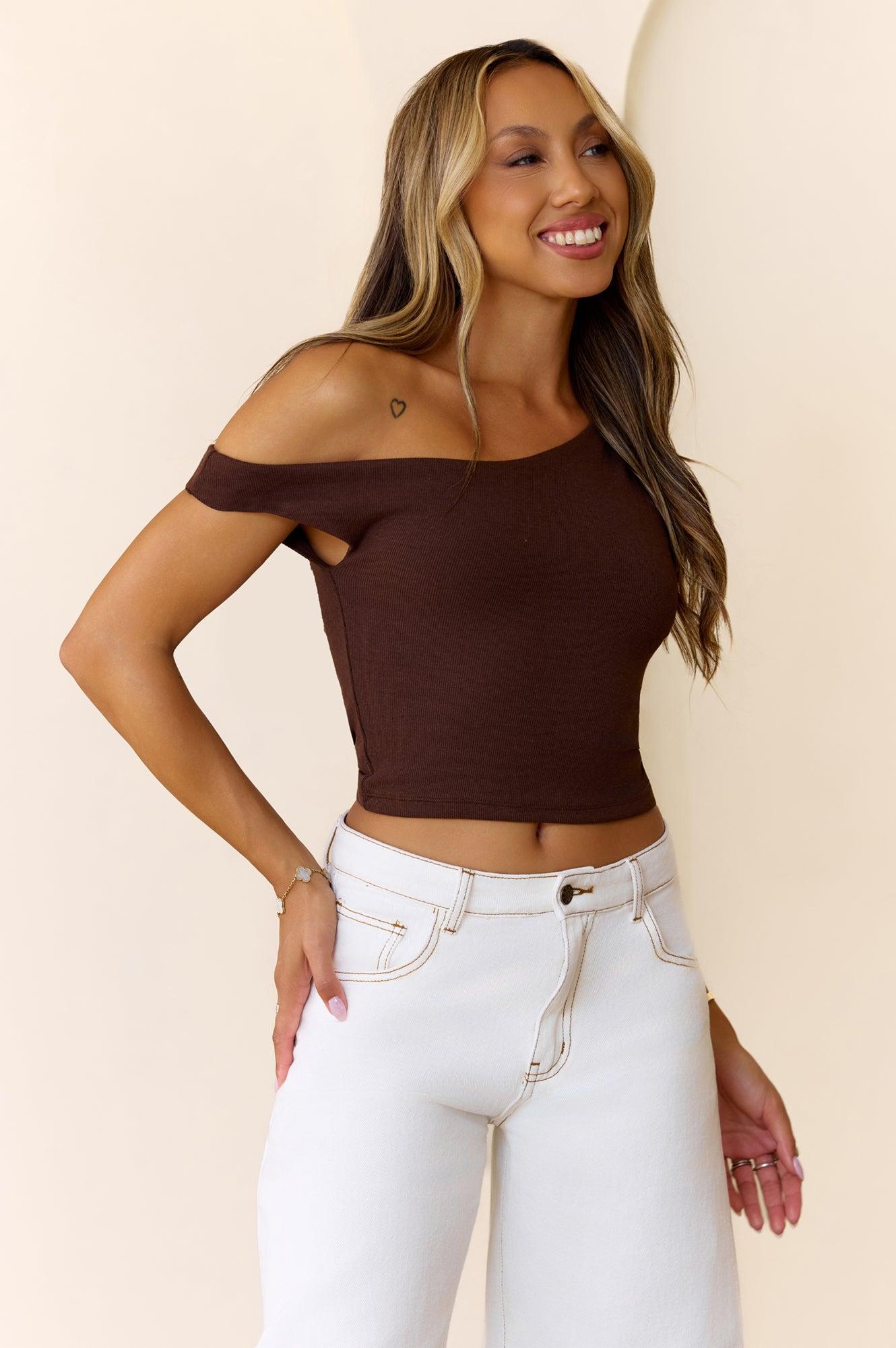 BASE Luxe Rib Luxe Line Off Shoulder Top Chocolate Product Image