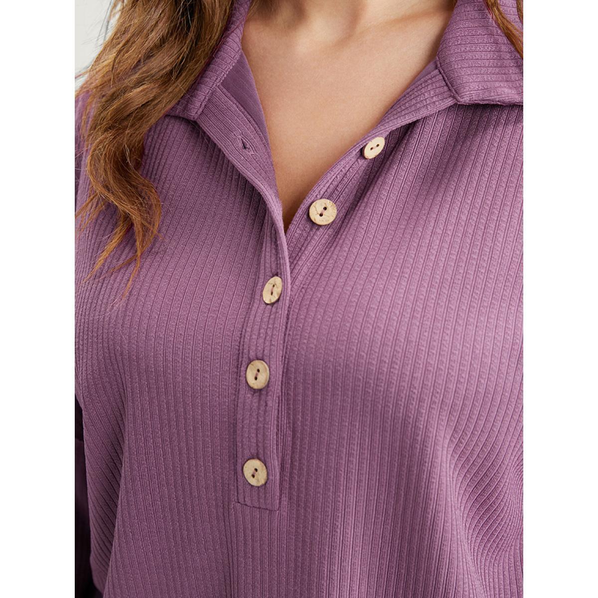 Plus Size Solid Polo Neck Rib Knit Long Tee Mauve Women Elegant Plain Shirt collar Loose Dailywear T-shirts BloomChic 22-24/3X Product Image