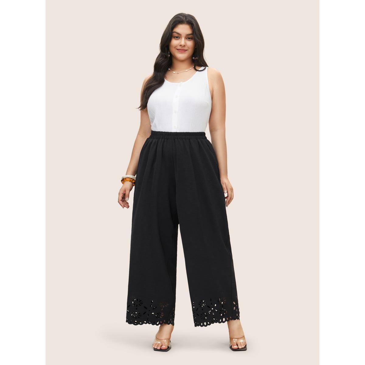 Plus Size Laser Cut Elastic Waist Wide Leg Pants Women Black Elegant Wide Leg High Rise Everyday Pants BloomChic 18-20/2X Product Image