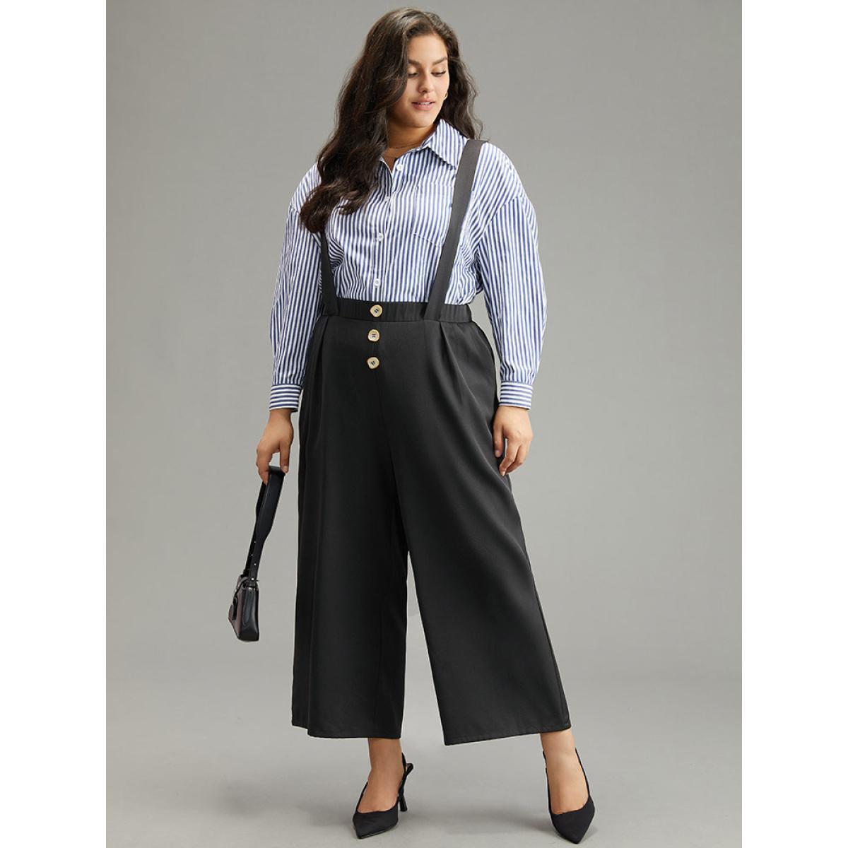 Plus Size Plain Button Detail Pocket Overall Pants Women Black Office Straight Leg High Rise Work Pants BloomChic 26/4X Product Image