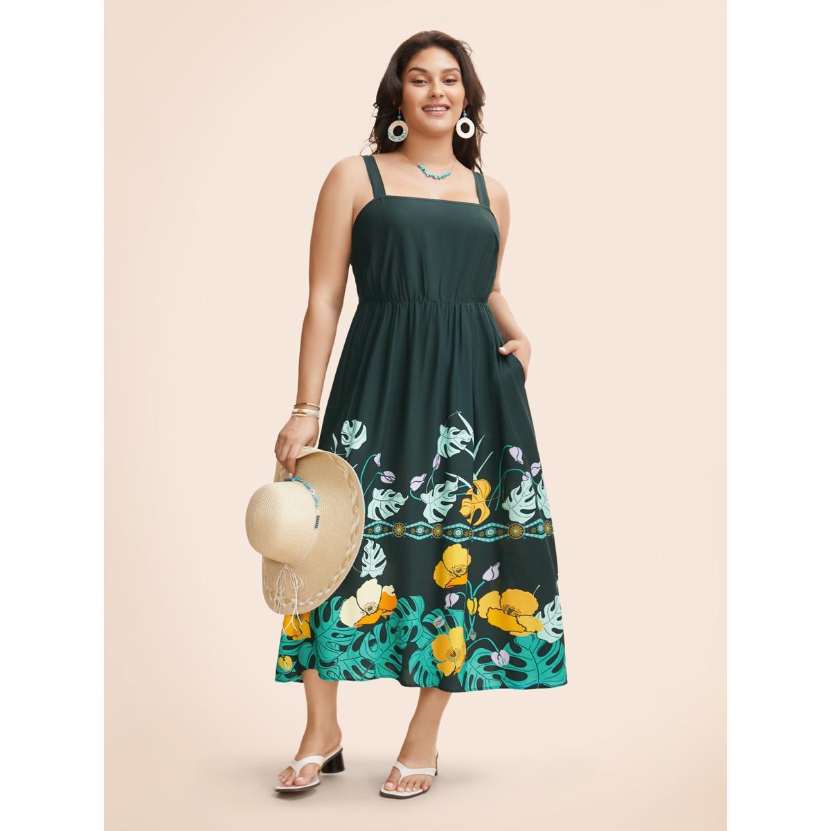 Plus Size Boho Print Elastic Waist Cami Dress Cyan Women Resort Gathered Non Sleeveless Curvy BloomChic 14-16/1X Product Image