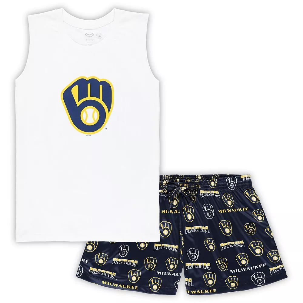Women's Concepts Sport White/Navy Milwaukee Brewers Plus Size Tank Top & Shorts Sleep Set, Size: 1XL Product Image