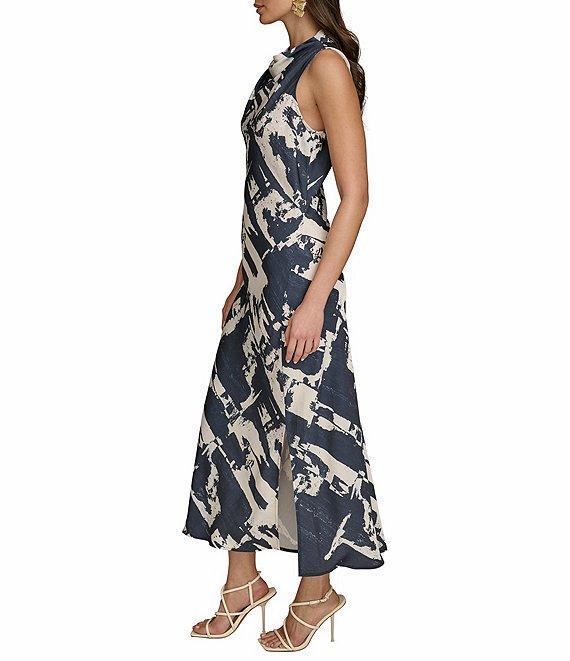 Donna Karan Printed Satin Back Crepe Cowl Neck Sleeveless Side Slit A-Line Midi Dress Product Image