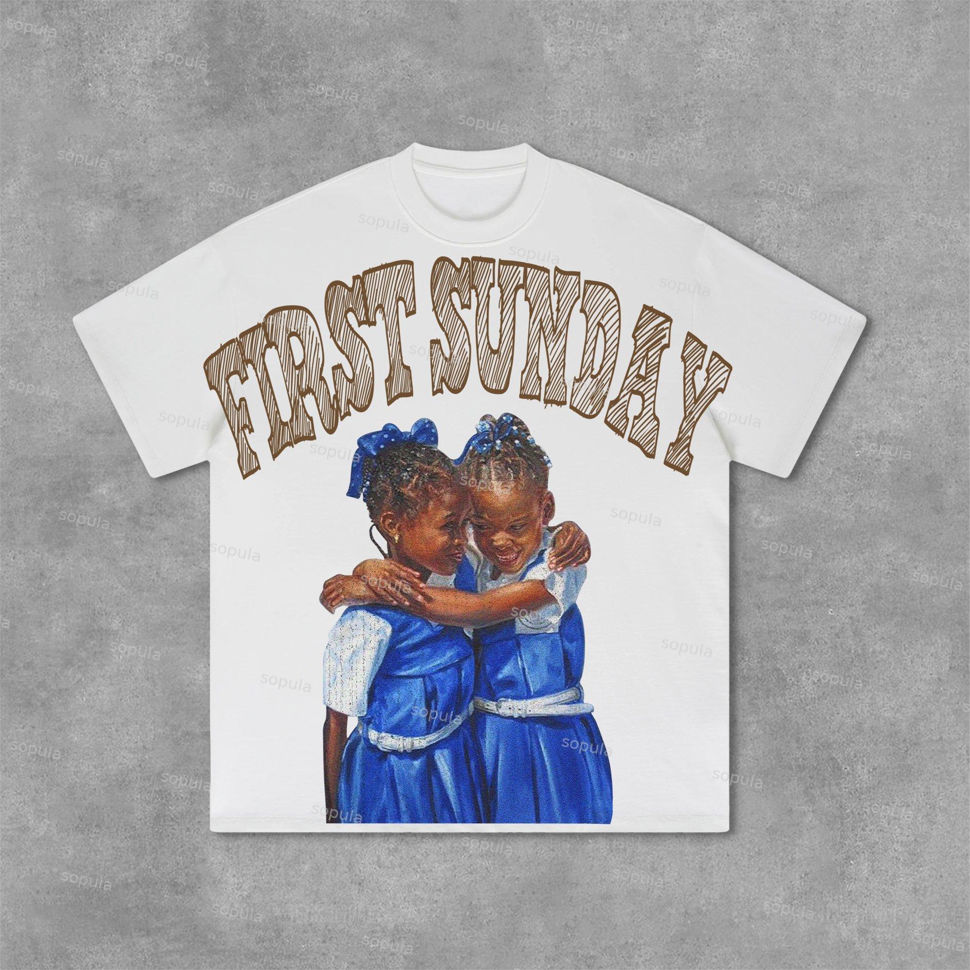 Retro First Sunday Faith Graphic Print Cotton T-Shirt Product Image
