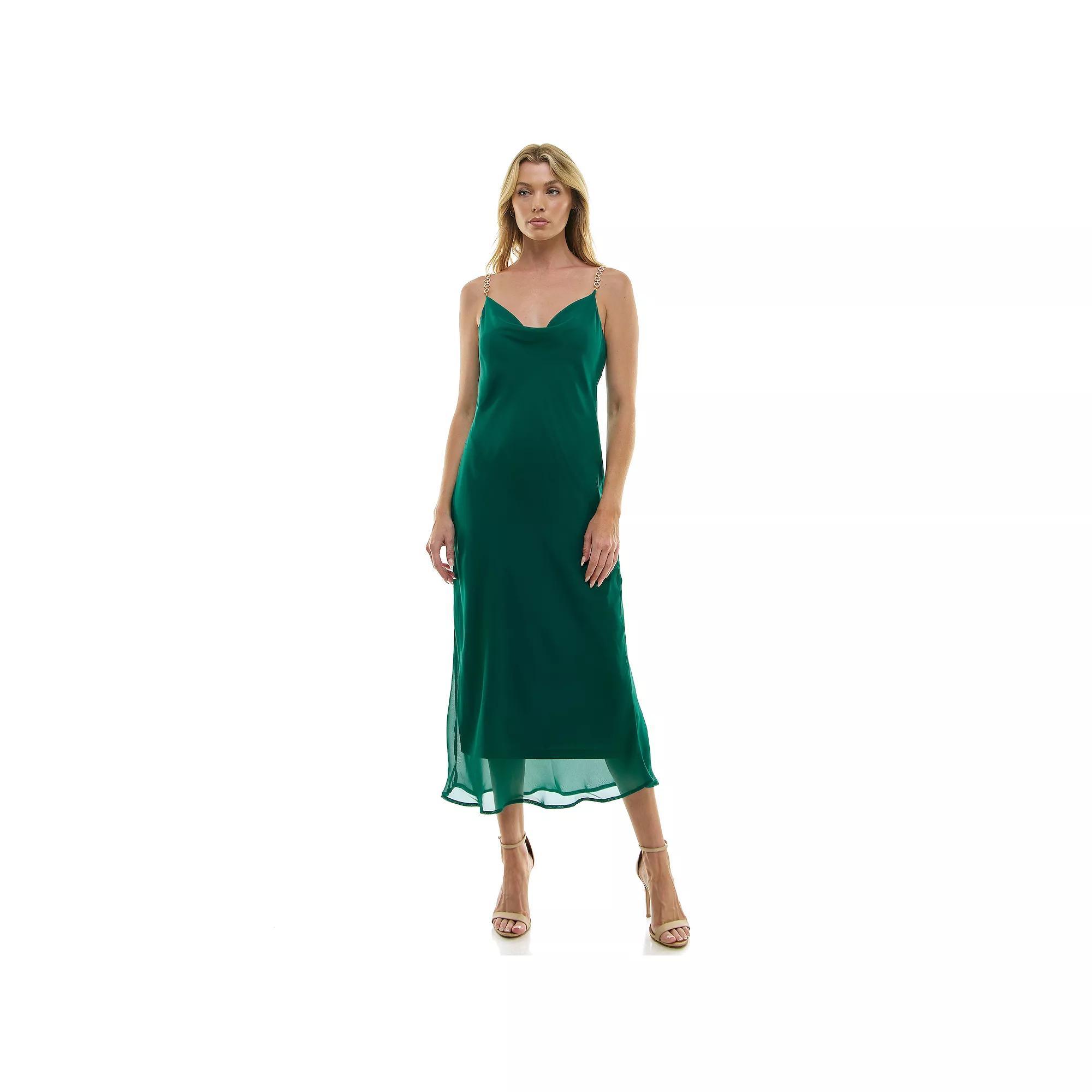 Women's Luxology Novelty Trim Chain Strap Slip Maxi Dress, Size: Large, Green Product Image