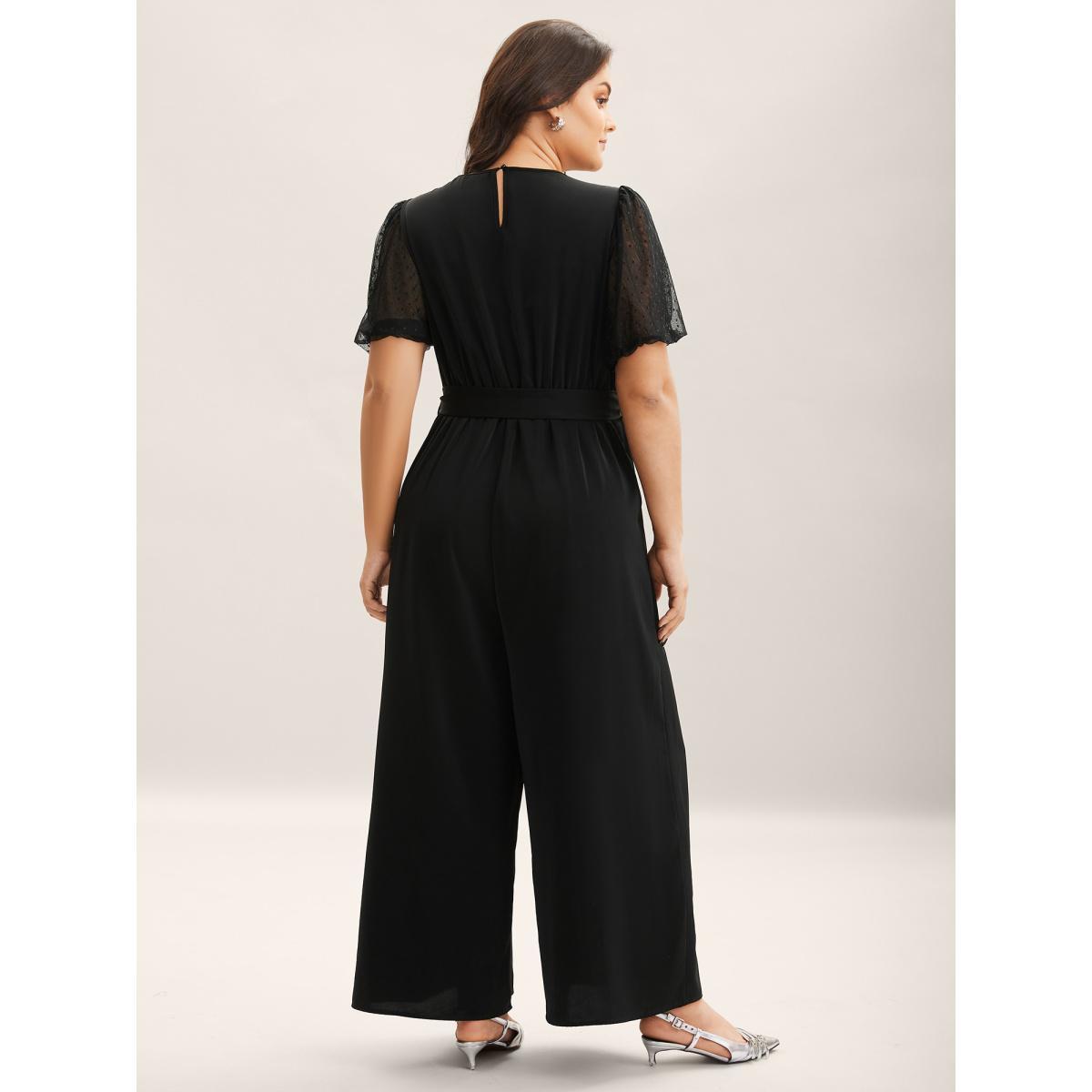 Plus Size Black Sheer Stretchy Waist Belted Solid Jumpsuit Women Half Sleeve Overlap Collar Work Loose Jumpsuits BloomChic 28/5X Product Image