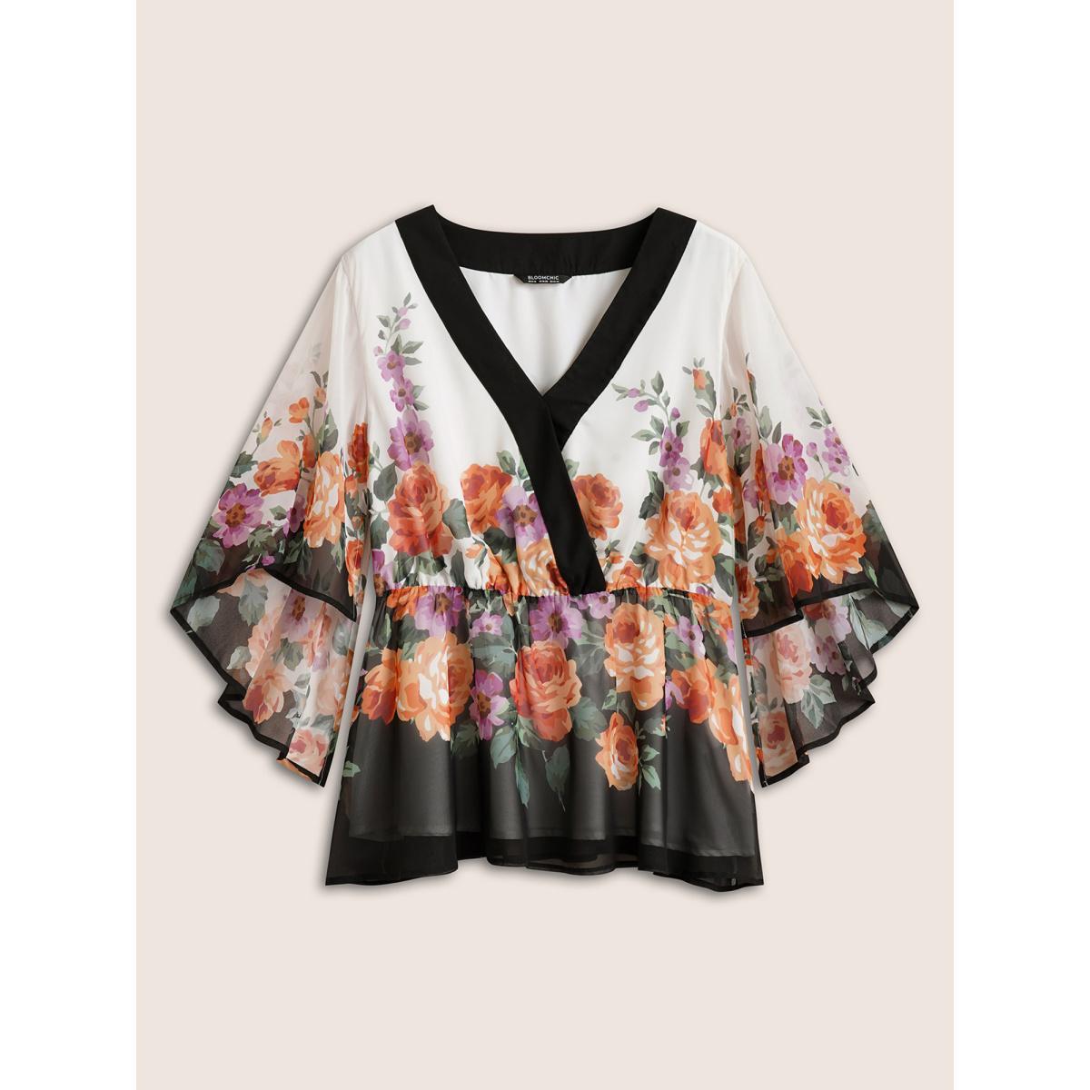 Plus Size Multicolor Floral Contrast Trim Elastic Waist Flutter Sleeve Blouse Women Cocktail Half Sleeve V-neck Party Blouses BloomChic 28/5X Product Image