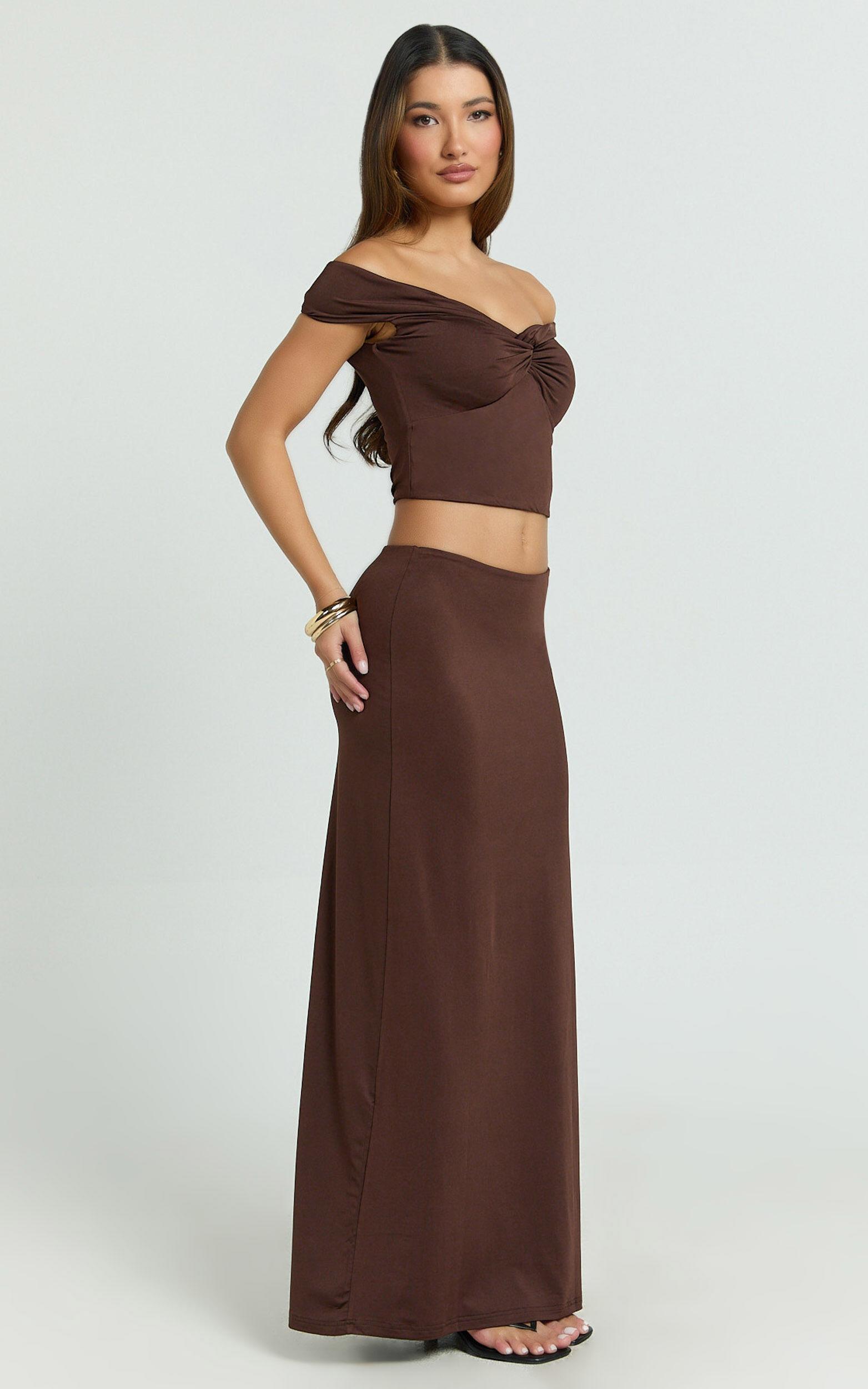 Chaney Top and Skirt Set - Twist Front Off Shoulder Top and Gathered Maxi Skirt Set in Chocolate Product Image