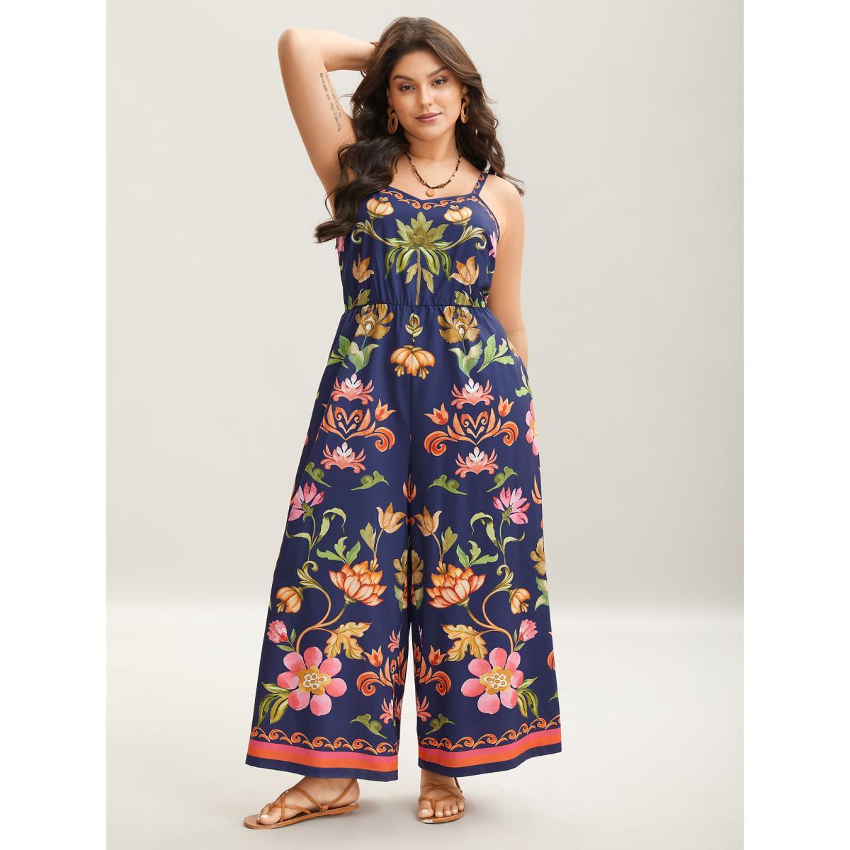 Plus Size DarkBlue Tropical Flowers Print Pockets Cami Jumpsuit Women Sleeveless V-neck Vacation Loose Jumpsuits BloomChic 10/M Product Image