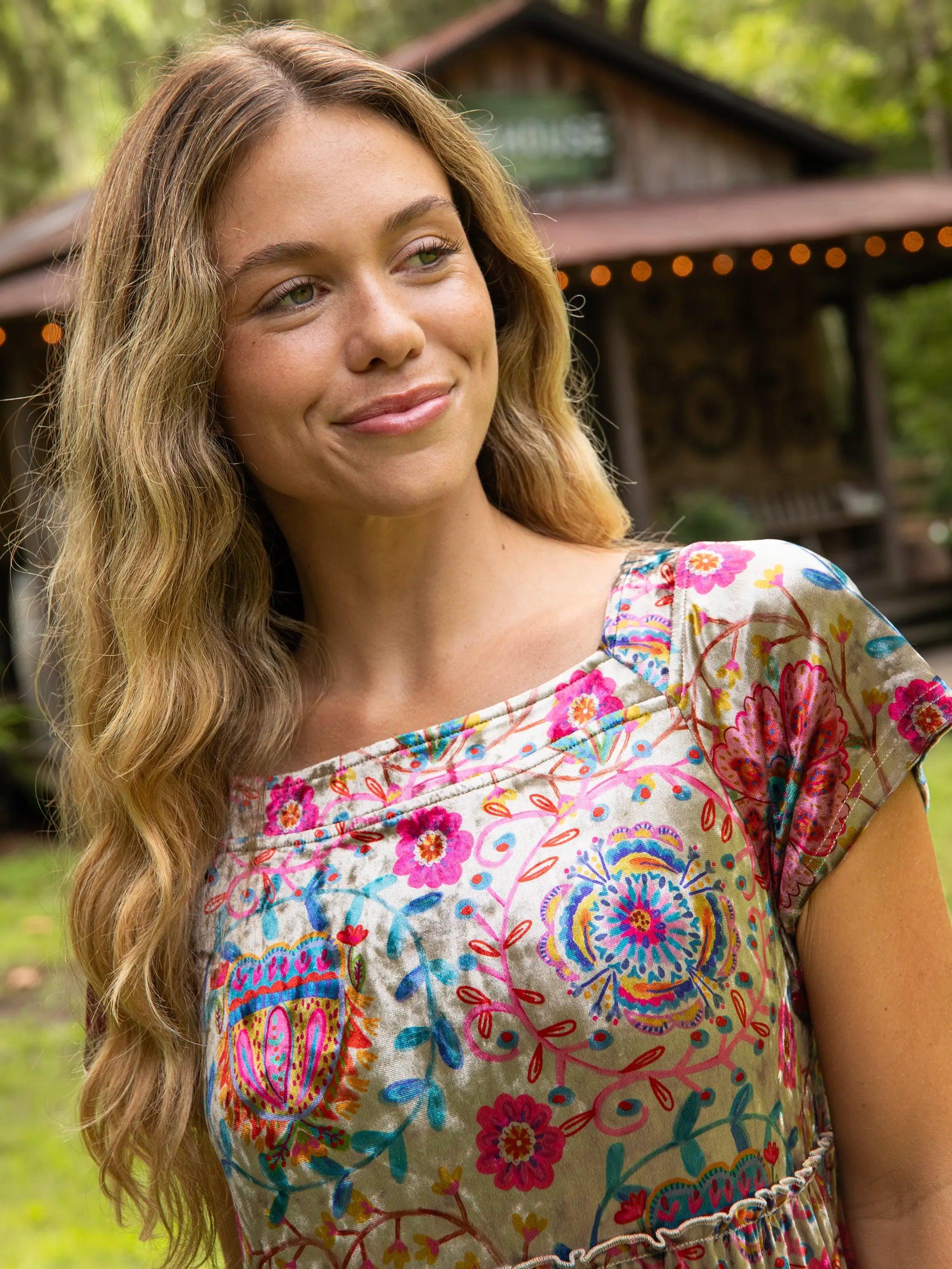 Berkley Velvet Maxi Dress - Black Printed Folk Cream Product Image