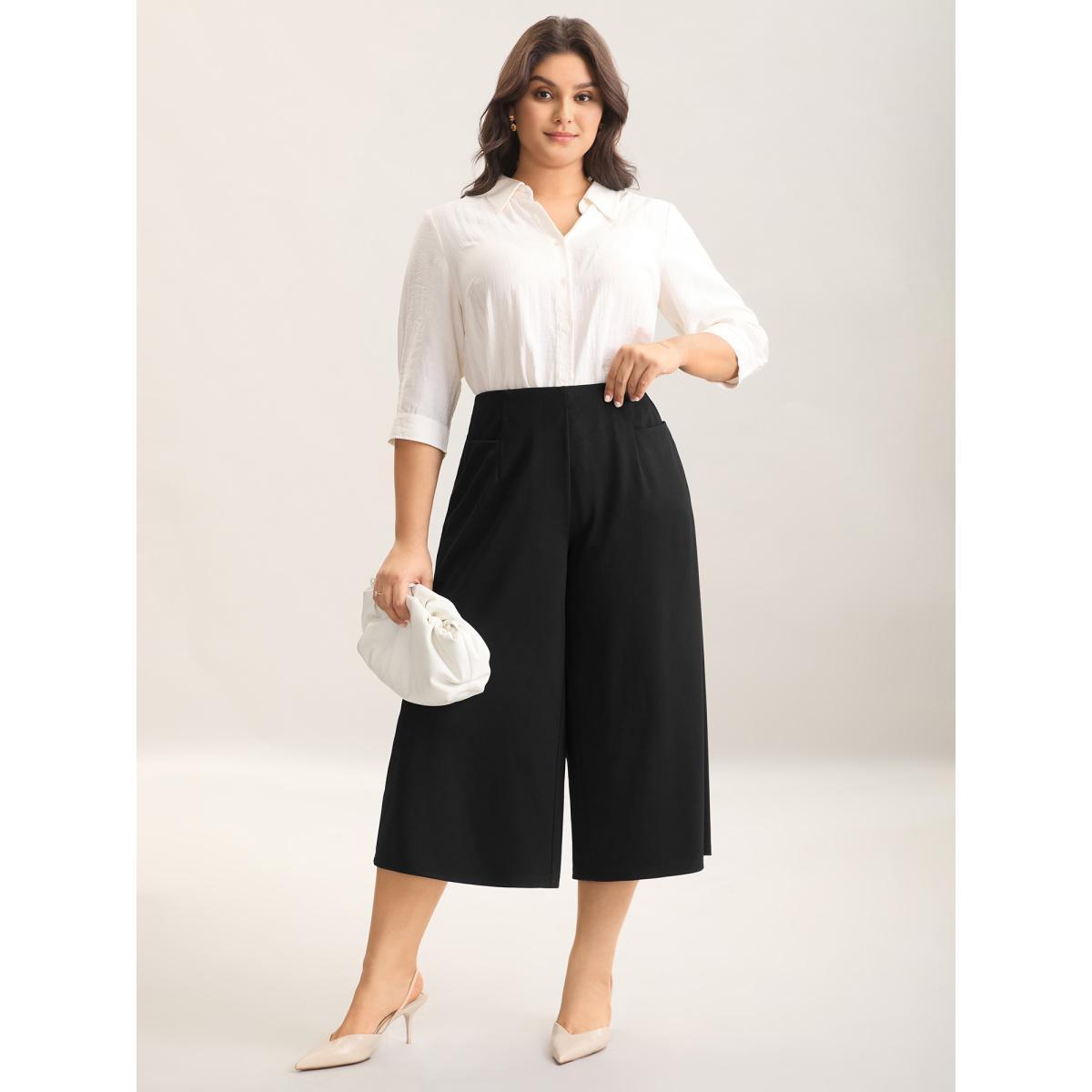 Plus Size Stretch Woven Wide-Leg Pull-On Pants Women Black At the Office Wide Leg Mid Rise Work Pants BloomChic 10/M Product Image