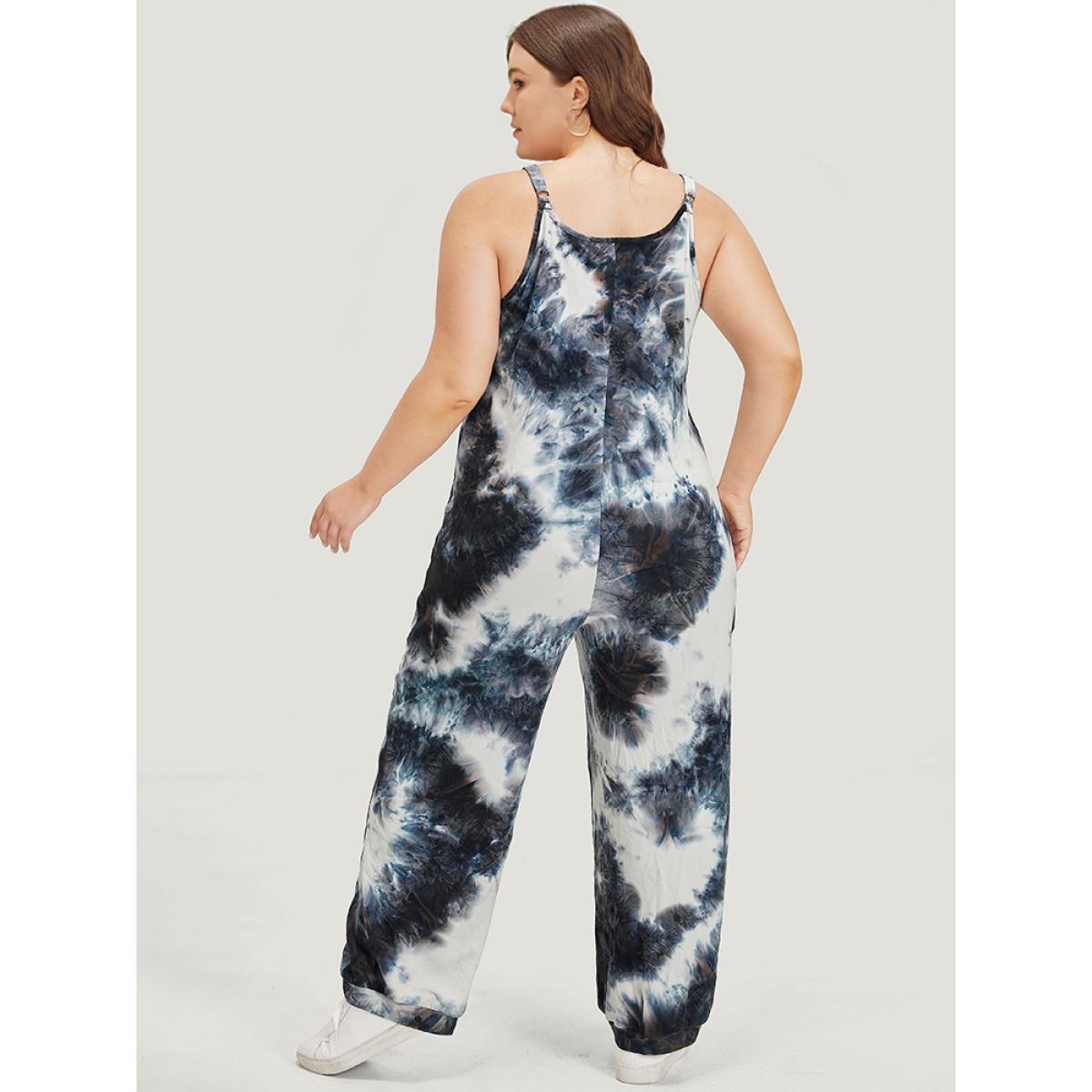 Plus Size Black Tie Dye Pocket Patchwork Cami Jumpsuit Women Casual Sleeveless Spaghetti Strap Dailywear Loose Jumpsuits BloomChic 12/L Product Image