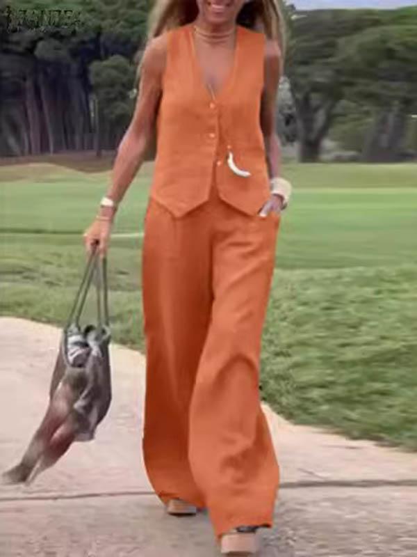 Plus Size Loose Solid Color Split-Joint V-Neck Vest + Elasticity Pants Two Pieces Set Product Image