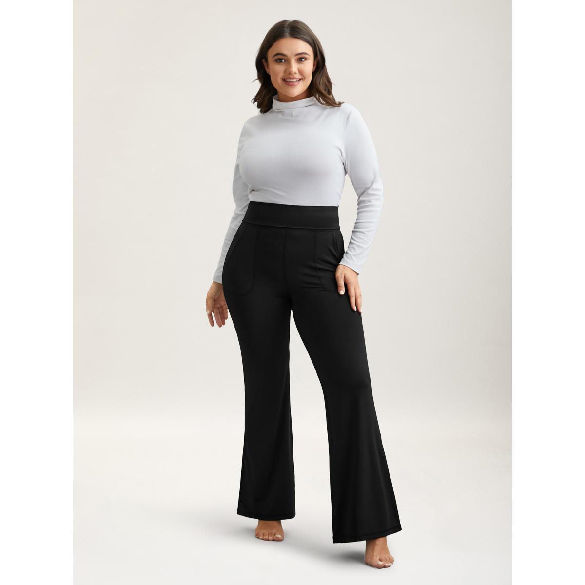 Plus Size Ruched Wide Waist Pockets Tight Pants Women Black Elegant High stretch Bootcut Mid Rise Everyday Leggings BloomChic 26/4X Product Image