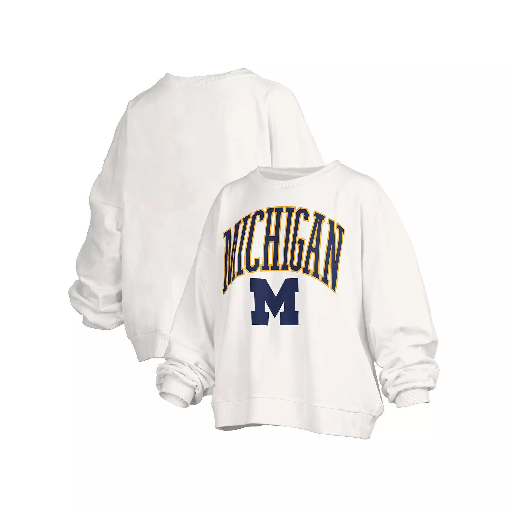 Women's Pressbox White Michigan Wolverines Janise Arch Over Logo Waist Length Oversized Pullover Sweatshirt, Size: Medium Product Image