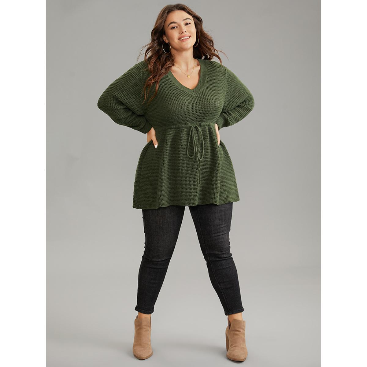 Plus Size Solid Drawstring Curved Hem Knit Pullover ArmyGreen Women Casual Long Sleeve V-neck Everyday Pullovers BloomChic 10/M Product Image