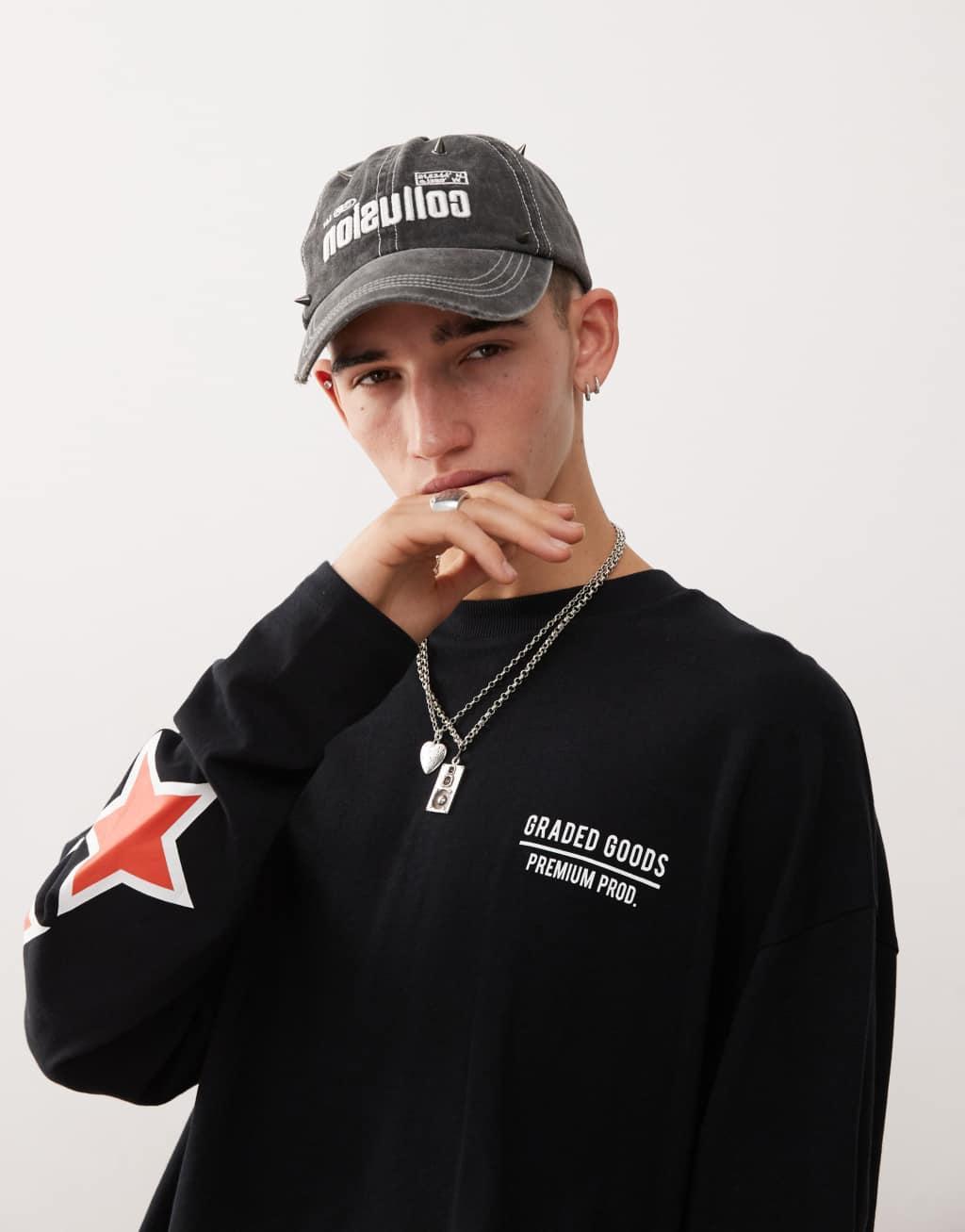 COLLUSION long sleeve heavyweight red graphic T-shirt in black Product Image