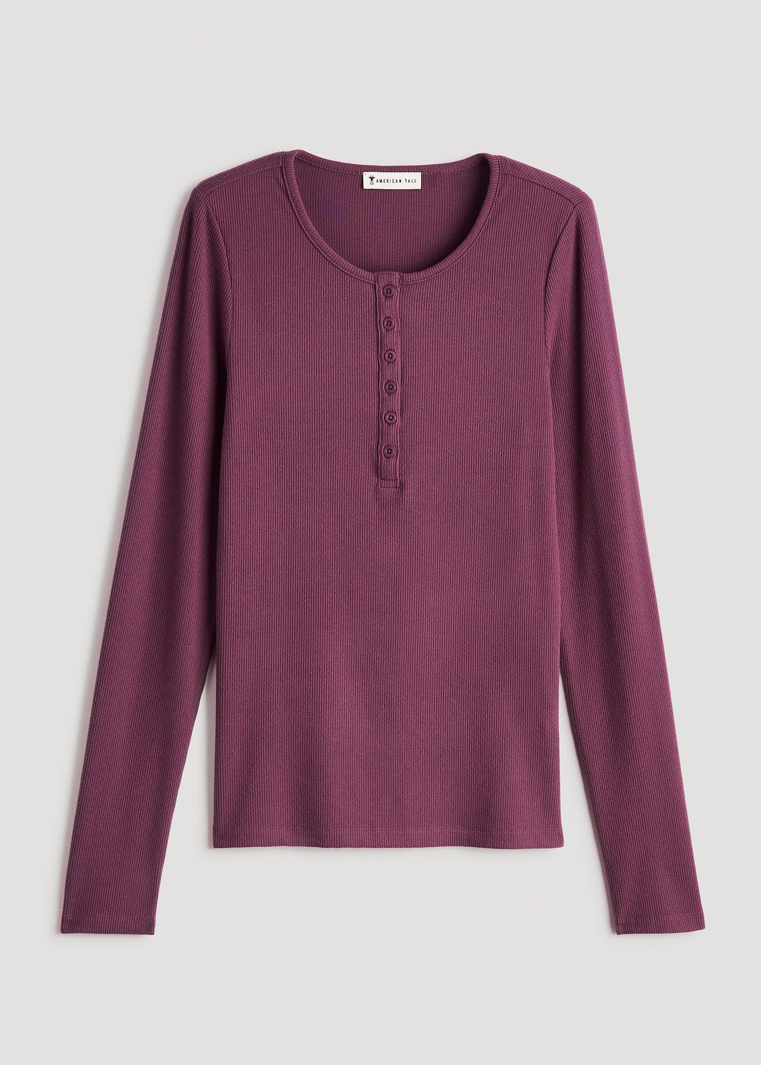 Long Sleeve Ribbed Crewneck Women's Tall Henley Shirt in Purple Gumdrop Product Image