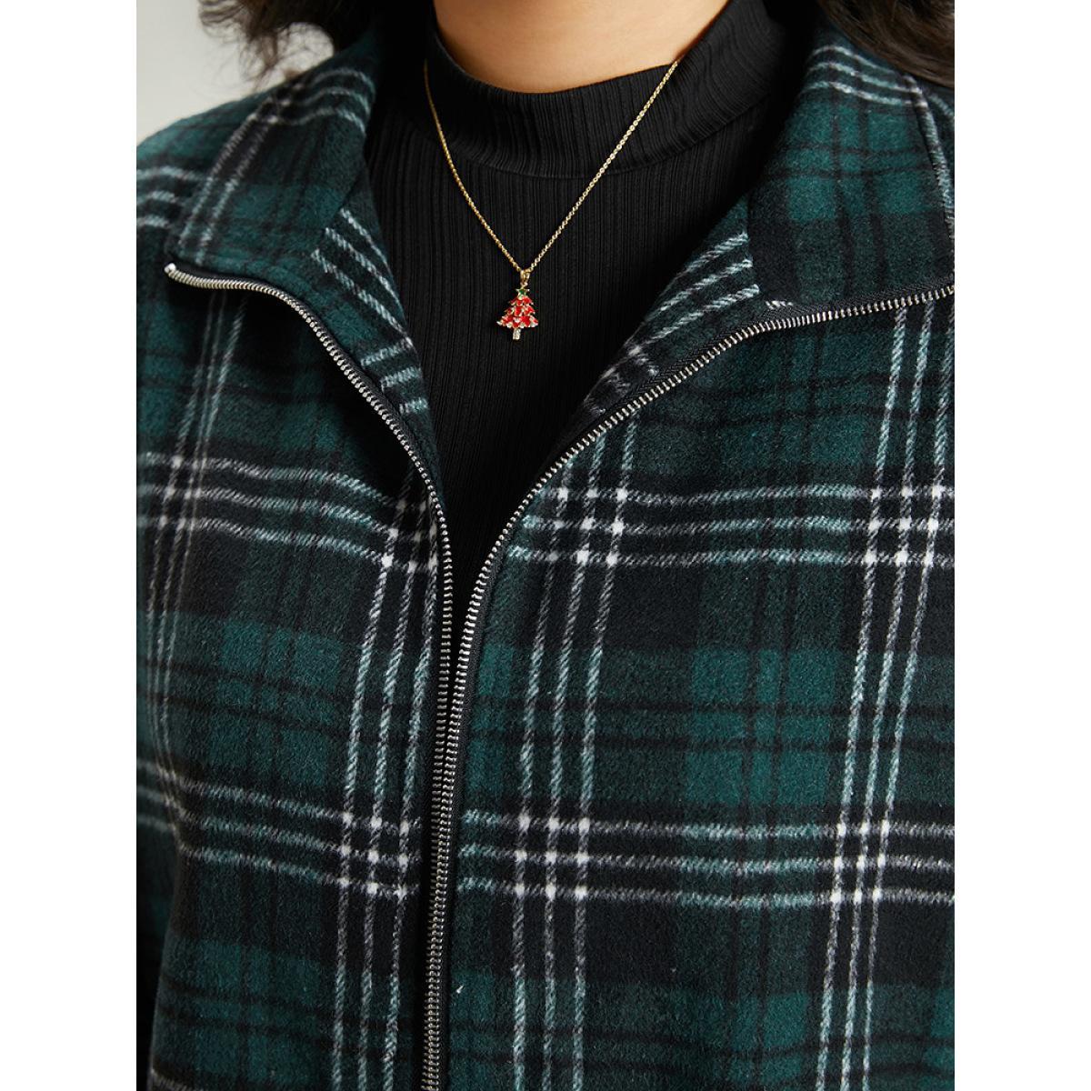 Plus Size Plaid Lapel Collar Pocket Zipper Fly Jacket Women DarkGreen Contrast Pocket Dailywear Jackets BloomChic 10/M Product Image