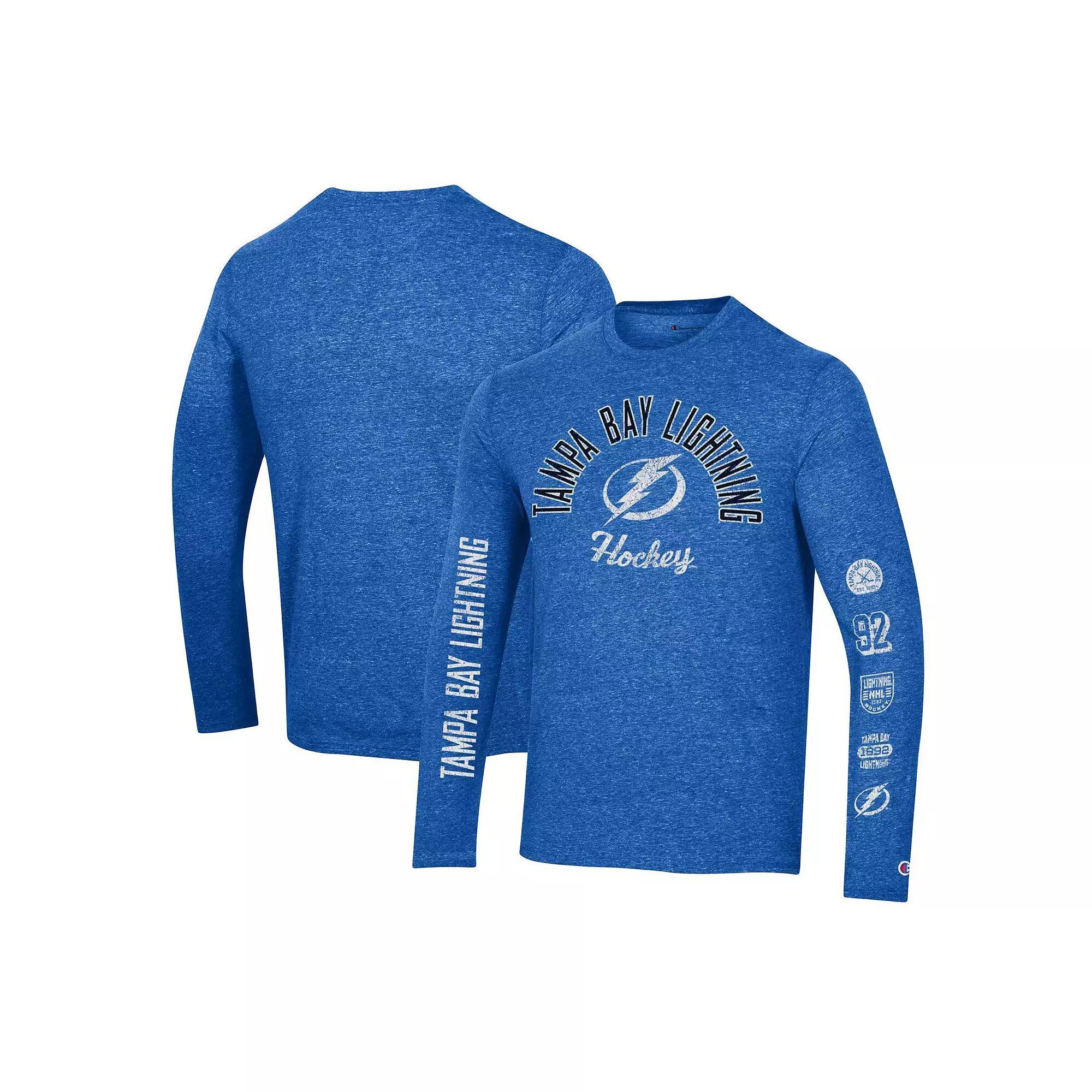 Men's Champion Heather Blue Tampa Bay Lightning Multi-Logo Tri-Blend Long Sleeve T-Shirt, Size: Medium, Lgh Team Product Image