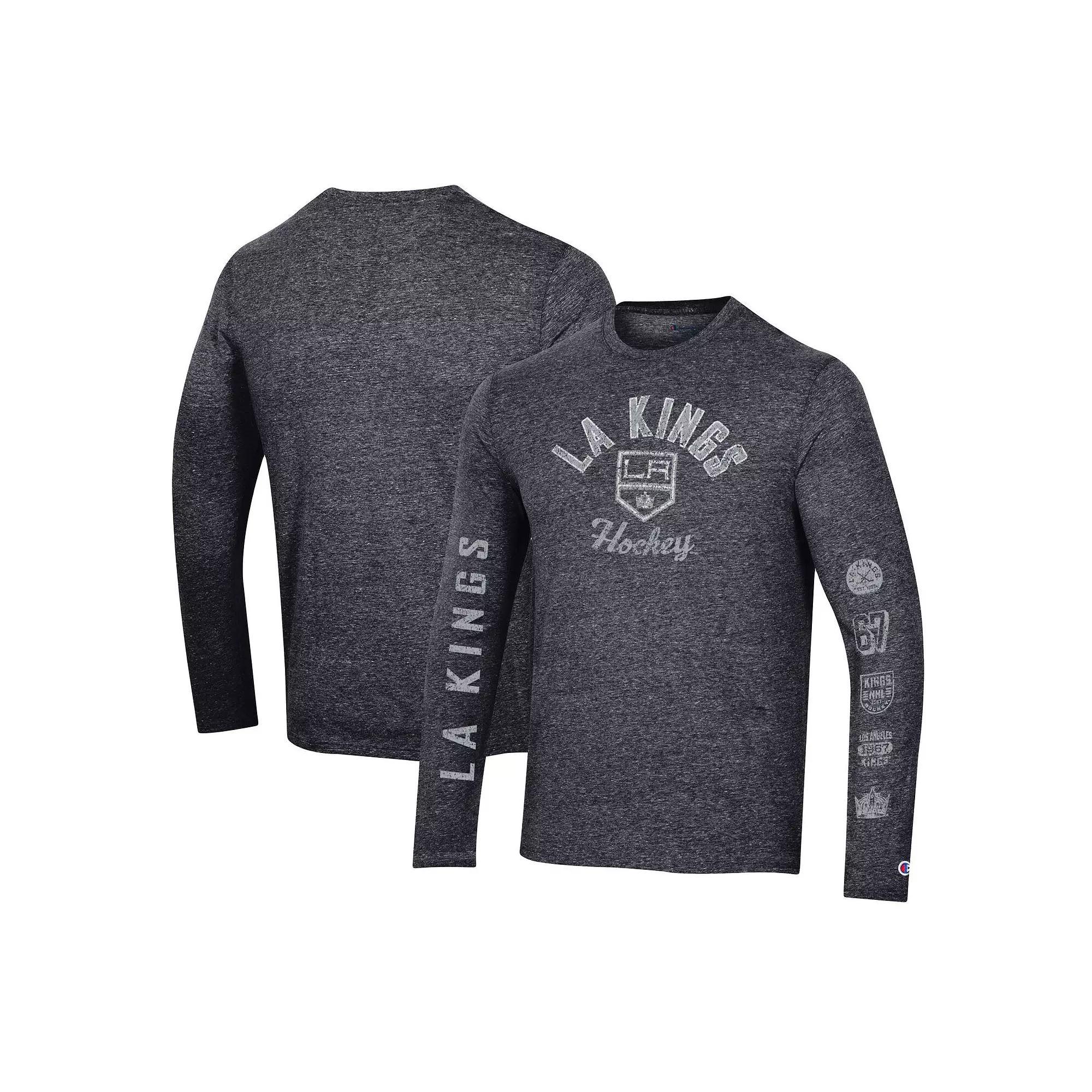 Men's Champion Heather Black Carolina Hurricanes Multi-Logo Tri-Blend Long Sleeve T-Shirt, Size: Small, Charco Product Image