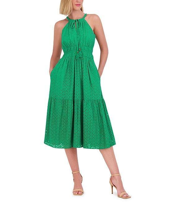 Vince Camuto Halter Neck Sleeveless Embroidered Midi Dress Product Image