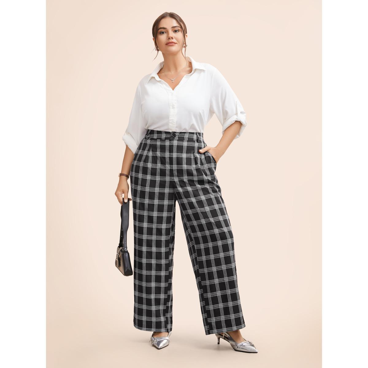 Plus Size Plaid Mid Rise Wide Leg Pants Women Black At the Office Wide Leg Mid Rise Work Pants BloomChic 10/M Product Image
