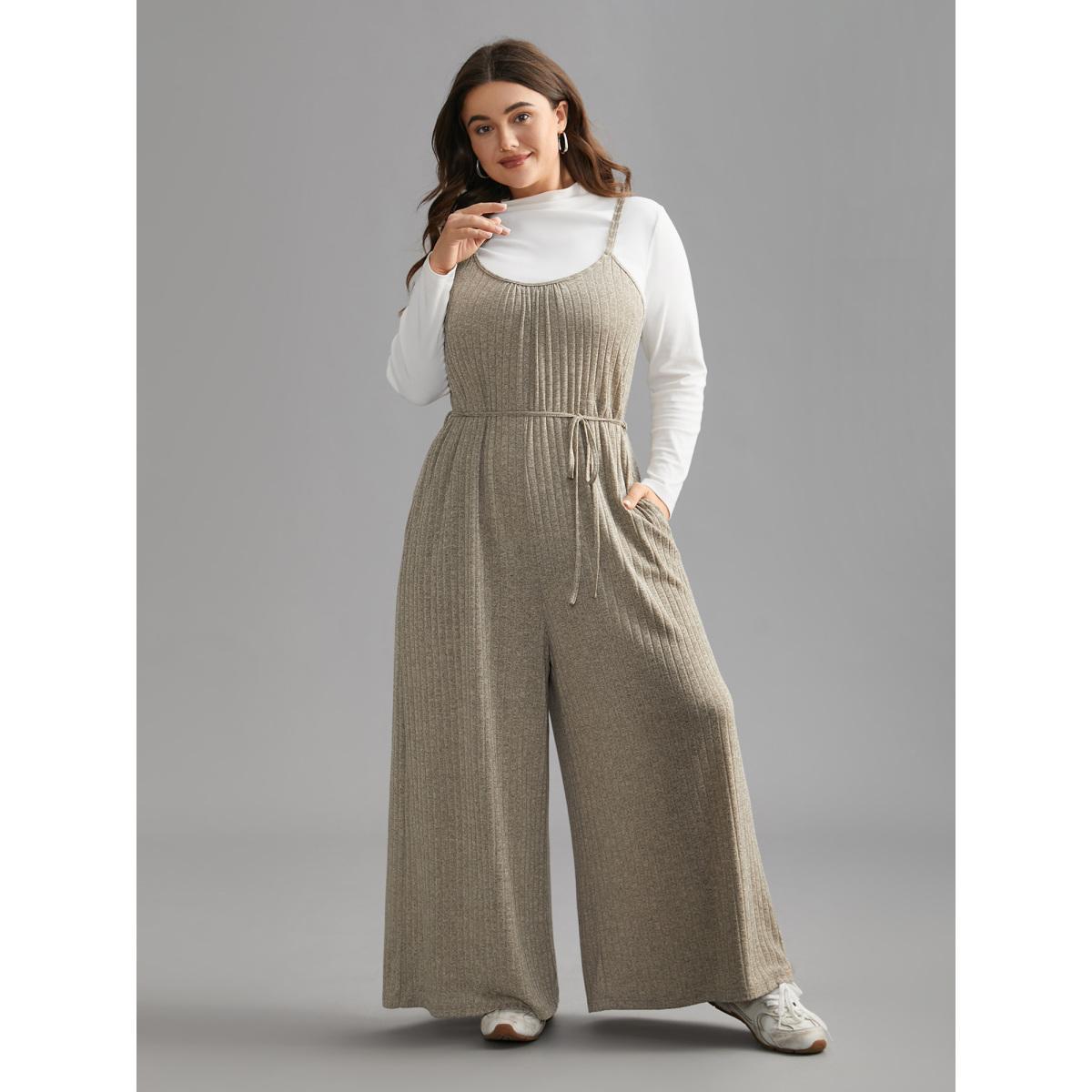 Plus Size Champagne Textured Waist-Tie Pockets Jumpsuit Women Lounge Sleeveless U-neck Everyday Loose Jumpsuits BloomChic 14-16/1X Product Image