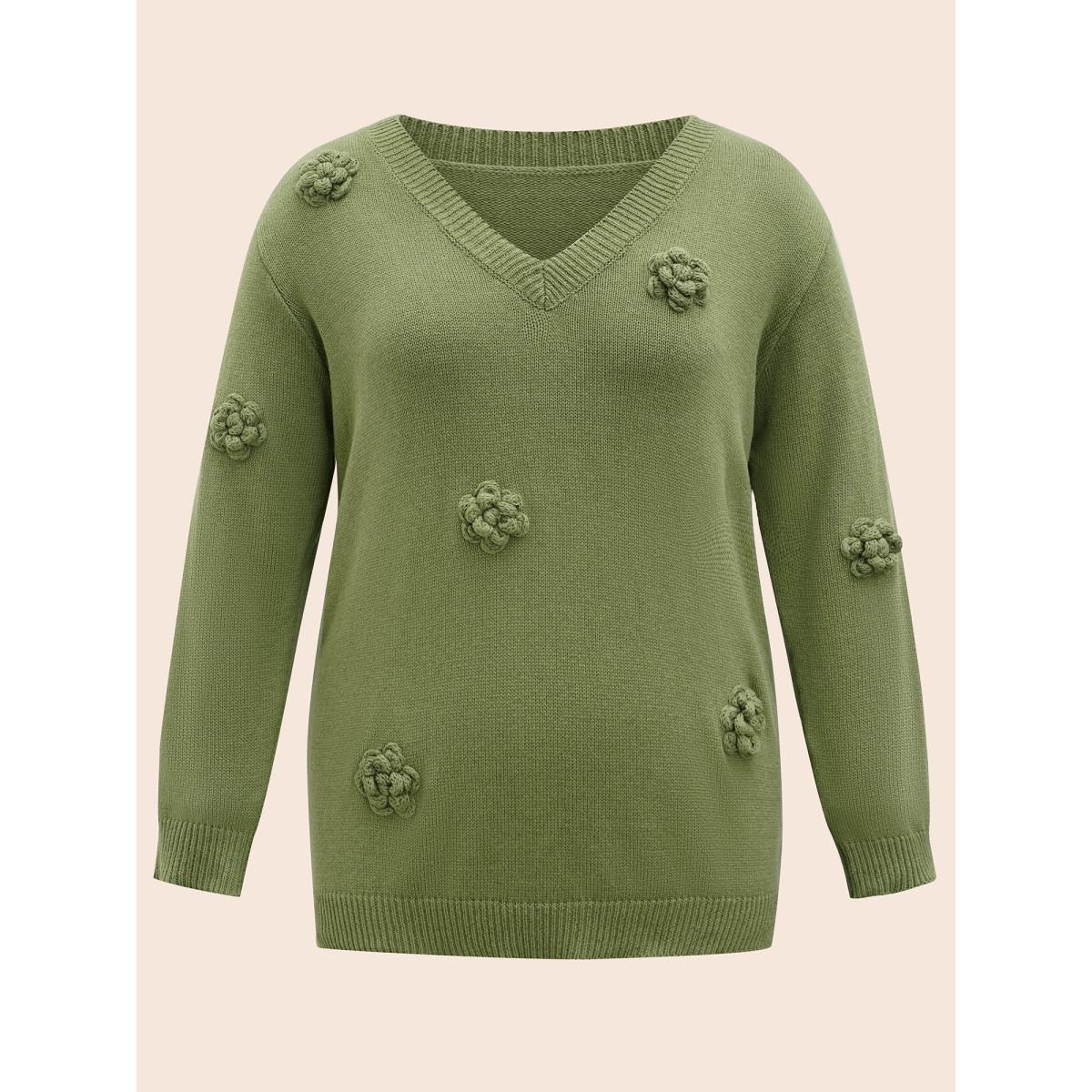 Plus Size V Neck Stereo Flower Design Pullover Moss Women Casual Long Sleeve V-neck Everyday Pullovers BloomChic 28/5X Product Image