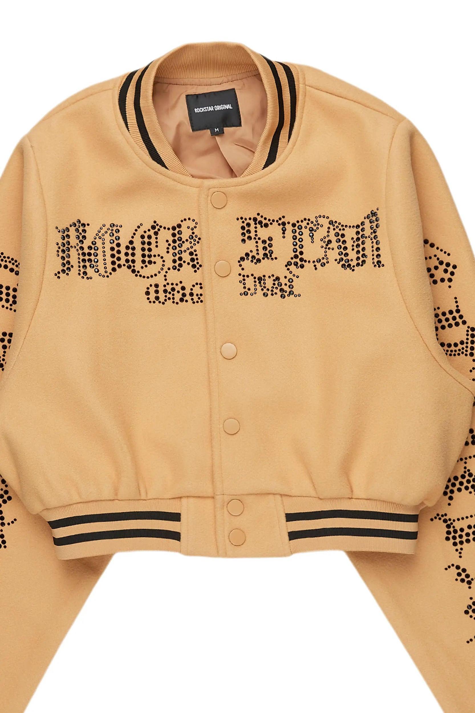 Gianni Tan Crop Rhinestone Varsity Jacket Female Product Image
