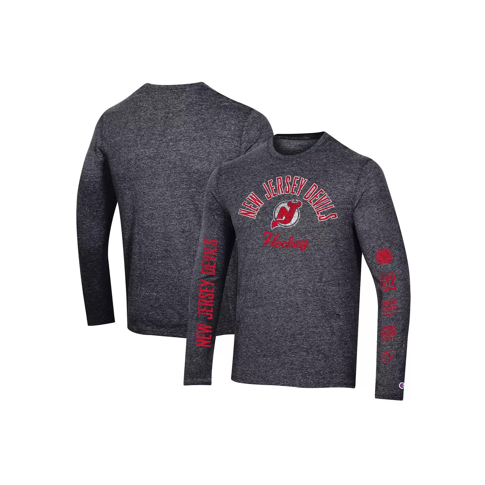Men's Champion Heather Black New Jersey Devils Multi-Logo Tri-Blend Long Sleeve T-Shirt, Size: 2XL, Nhl Charco Product Image