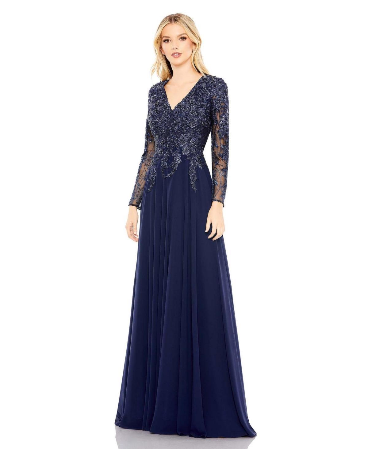 Womens Embellished Illusion V-Neck Gown Product Image