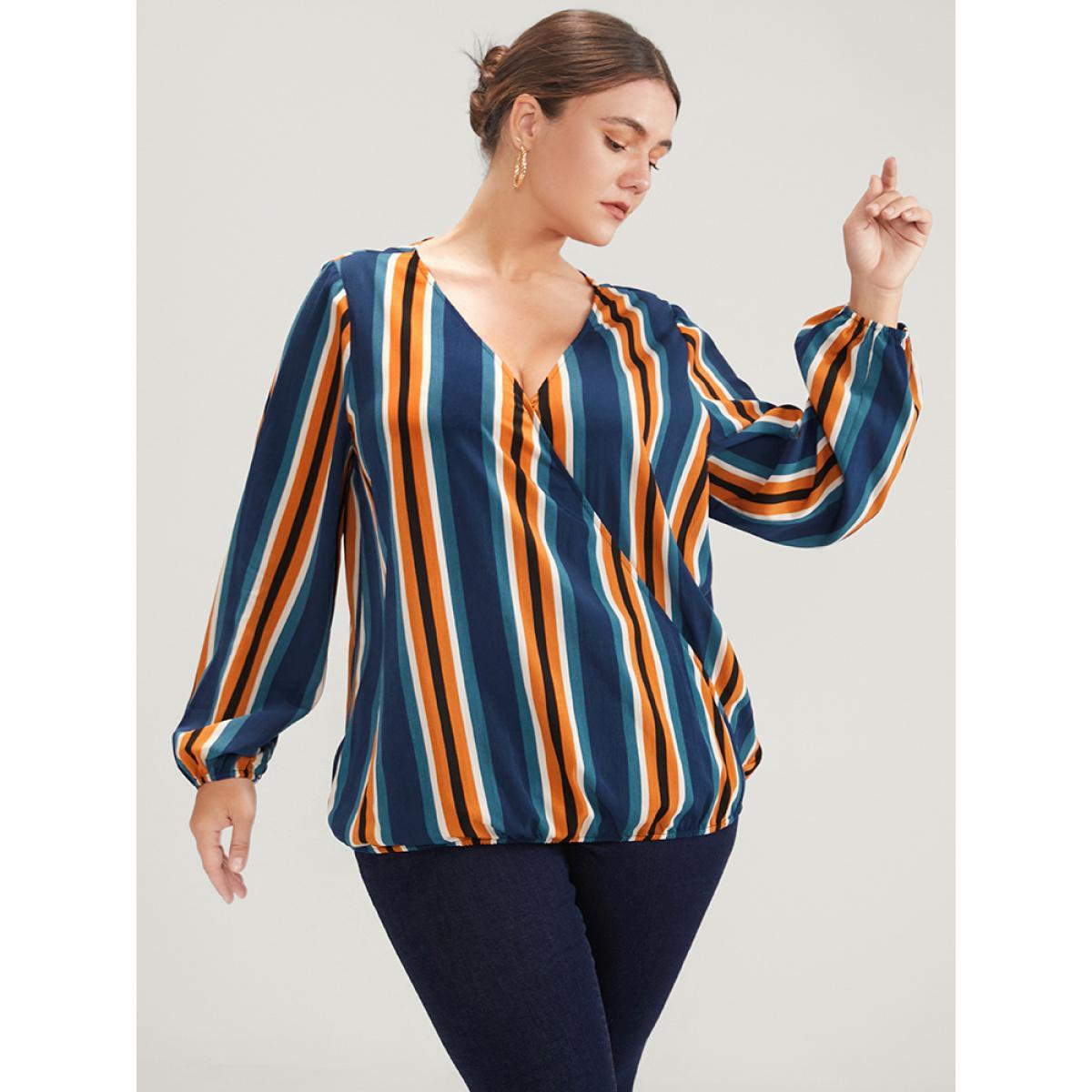 Plus Size Indigo Striped Lantern Sleeve Wrap Blouse Women Office Long Sleeve V-neck Work Blouses BloomChic 10/M Product Image