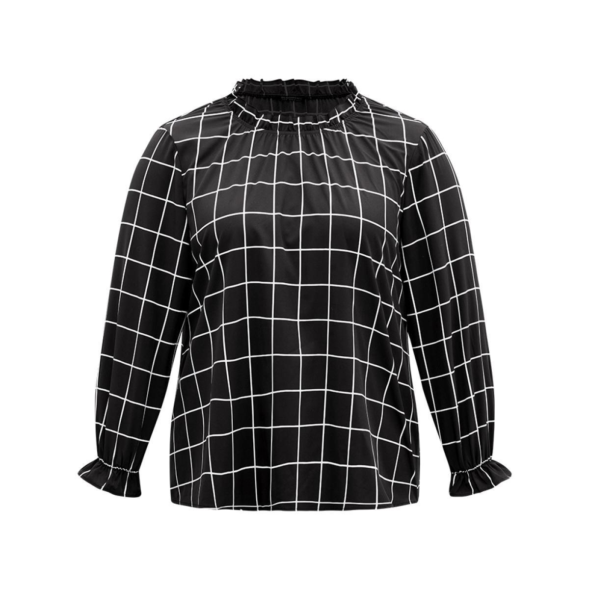 Plus Size Black Plaid Stand Collar Ruffles Lantern Sleeve Blouse Women Office Long Sleeve Stand-up collar Work Blouses BloomChic 26/4X Product Image