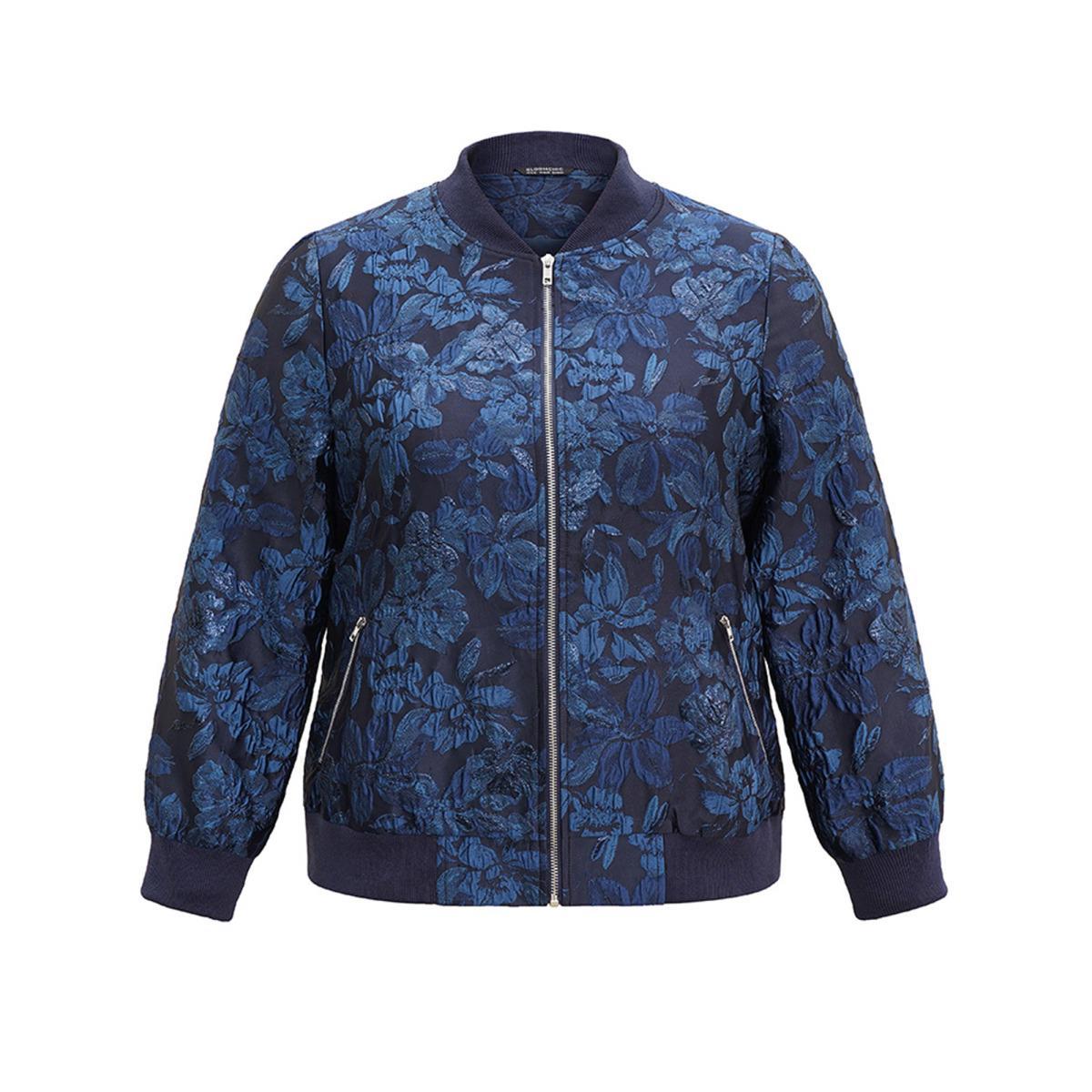 Plus Size Floral Patchwork Zipper Jacquard Jacket Women Indigo Elastic cuffs Pocket Everyday Jackets BloomChic 22-24/3X Product Image