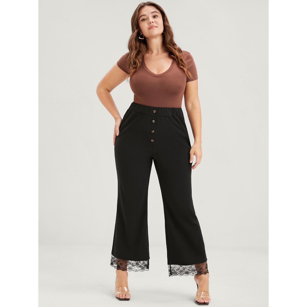 Plus Size Solid Fake Button Scalloped Lace Trim Elastic Waist Pants Women Black Elegant Loose High Rise Dailywear Pants BloomChic 30/6X Product Image