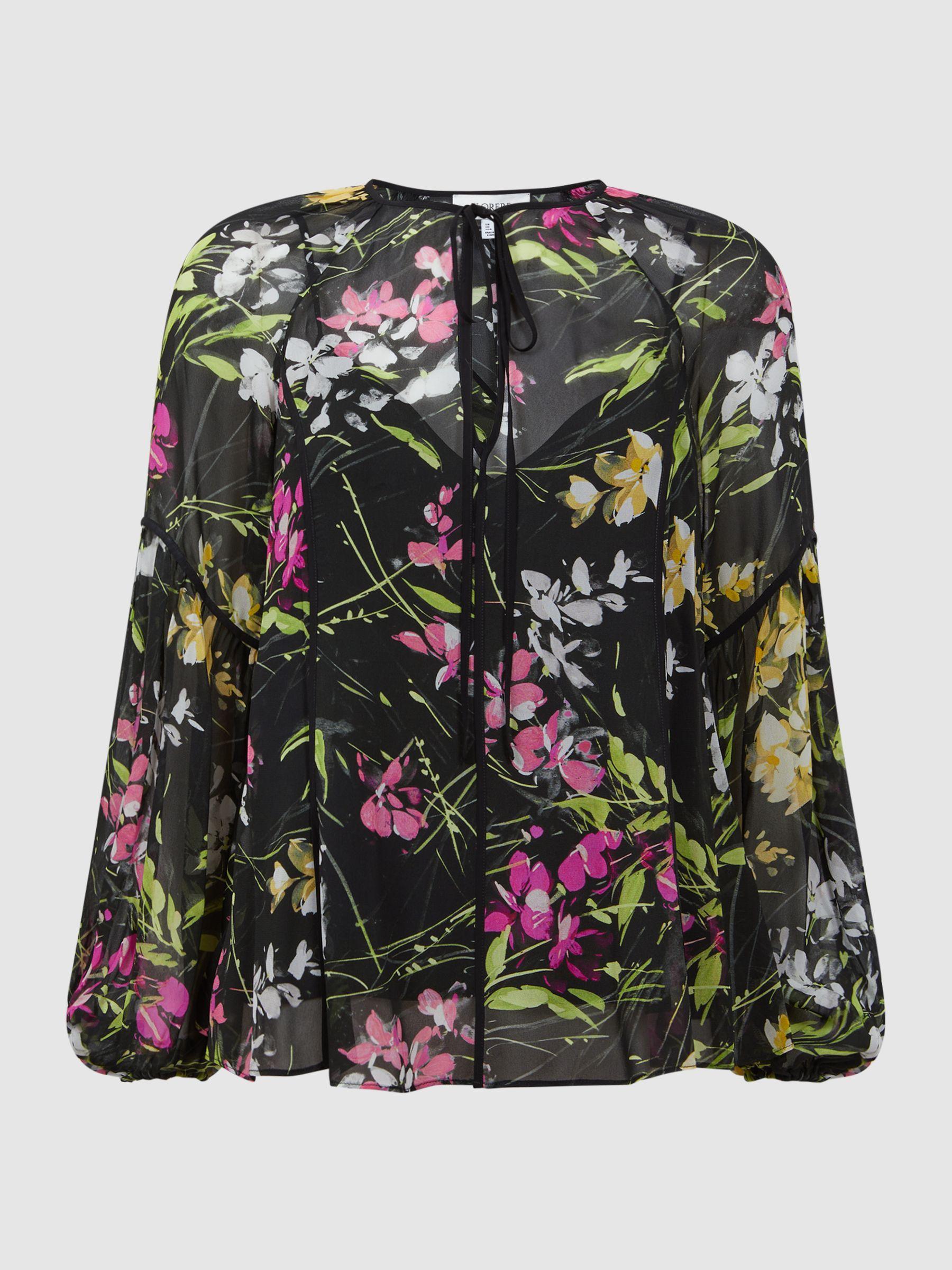 Florere Sheer Floral Tie Neck Blouse in Black Product Image