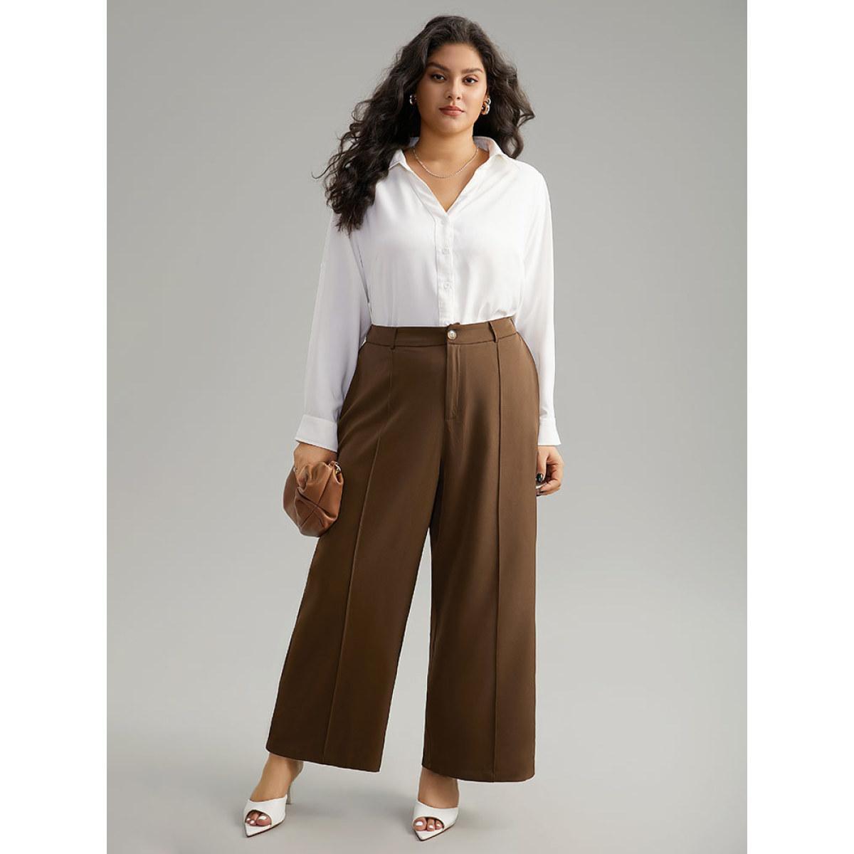 Plus Size Static-Free Plain Pocket Pleated Pants Women DarkBrown Office Straight Leg High Rise Work Pants BloomChic 10/M Product Image