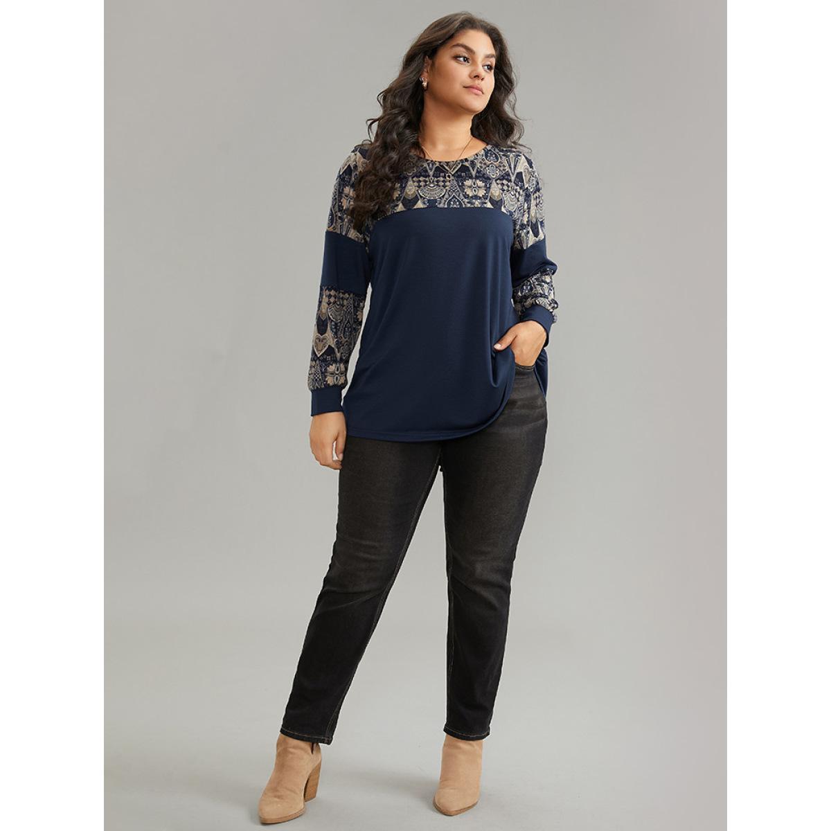 Plus Size Boho Print Patchwork Round Neck Sweatshirt Women DarkBlue Casual Printed Round Neck Dailywear Sweatshirts BloomChic 12/L Product Image