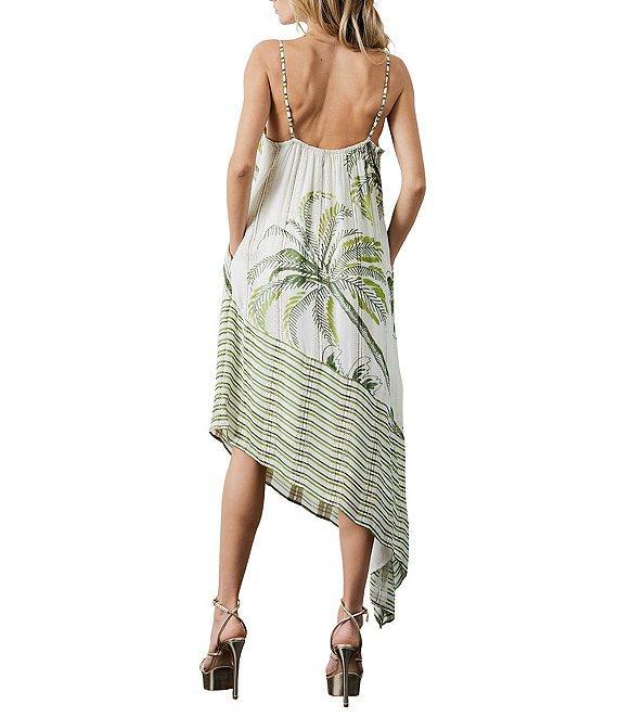 CIEBON Tamara Tropical Palm Tree Print Metallic Square Neck Asymmetrical Hem Midi Dress Product Image