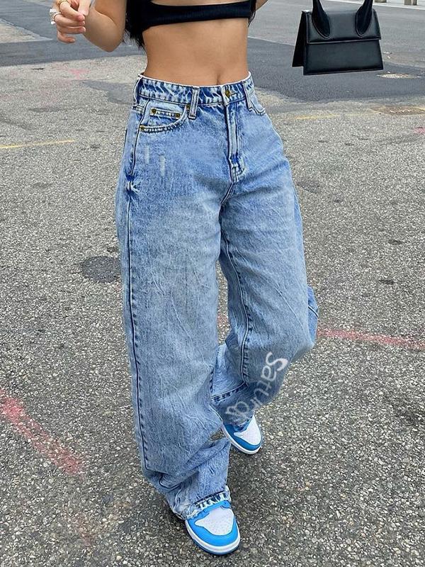Basic Wash Letter Print Straight Leg Boyfriend Jeans Product Image