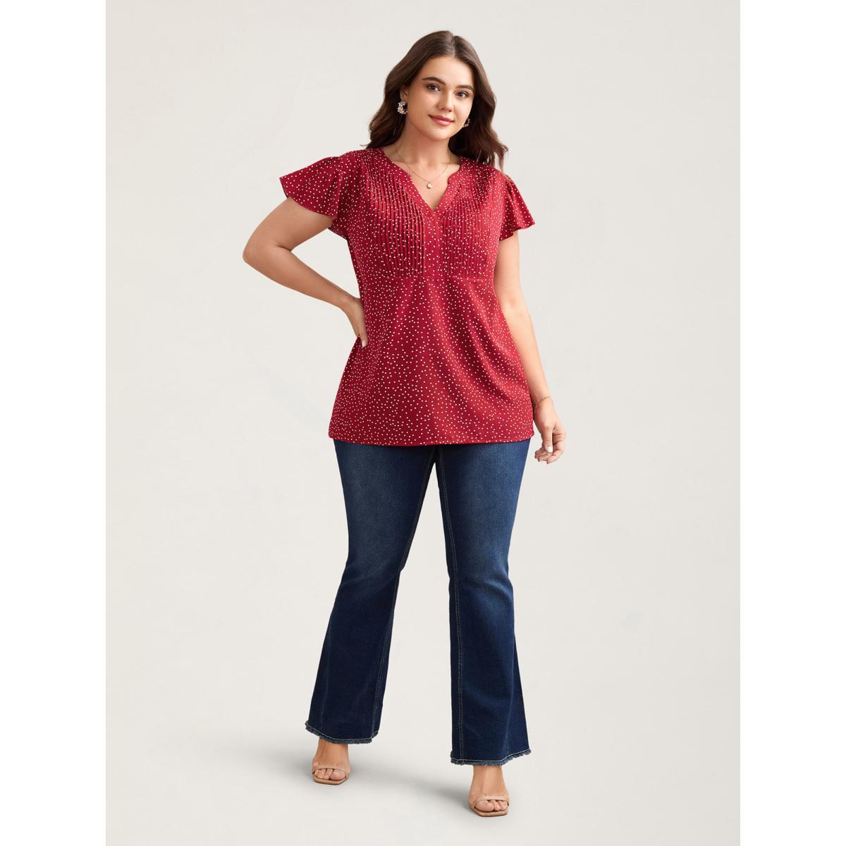 Plus Size Raspberry Polka Dot Print Toothpick Pleat Blouse Women Elegant Short sleeve Notched collar Everyday Blouses BloomChic 10/M Product Image