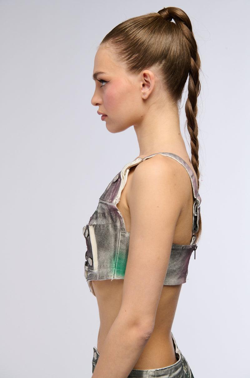NOT YOURS BRALETTE DETAIL LAYERED PAINTED BUTTON DOWN BLOUSE Product Image