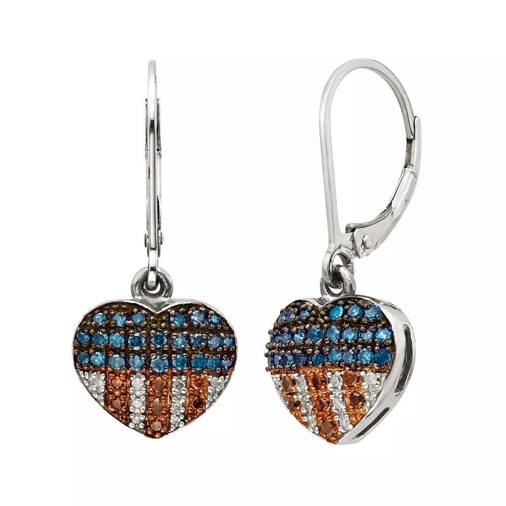 Jewelexcess Sterling Silver 1/4-ct. T.W. Red, White and Blue Diamond American Flag Heart Drop Earrings, Womens, Multicolor Product Image
