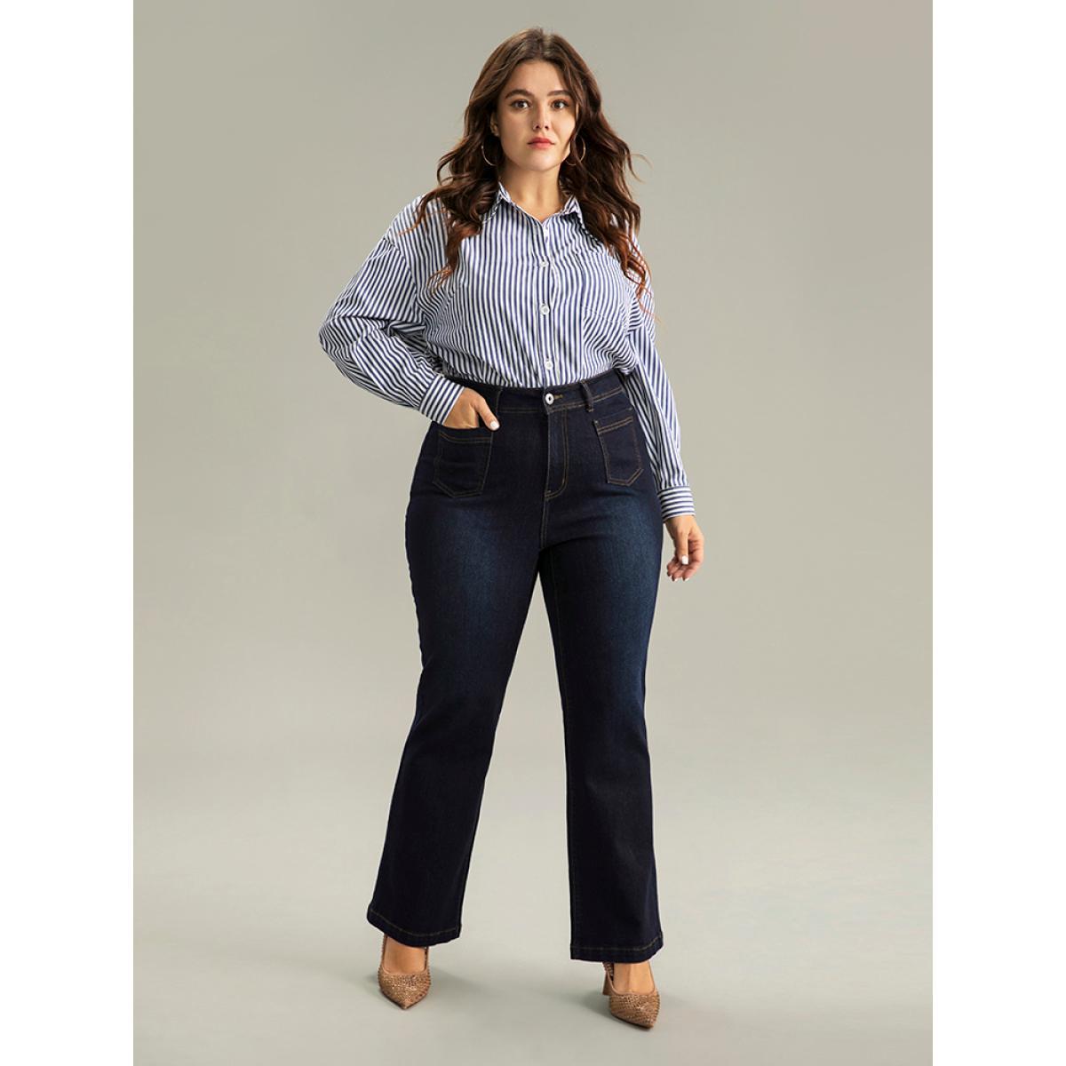 Plus Size Straight Leg Dark Wash Patched Pocket Jeans Women Midnight Casual Plain Plain High stretch Pocket Jeans BloomChic 20/2X Product Image