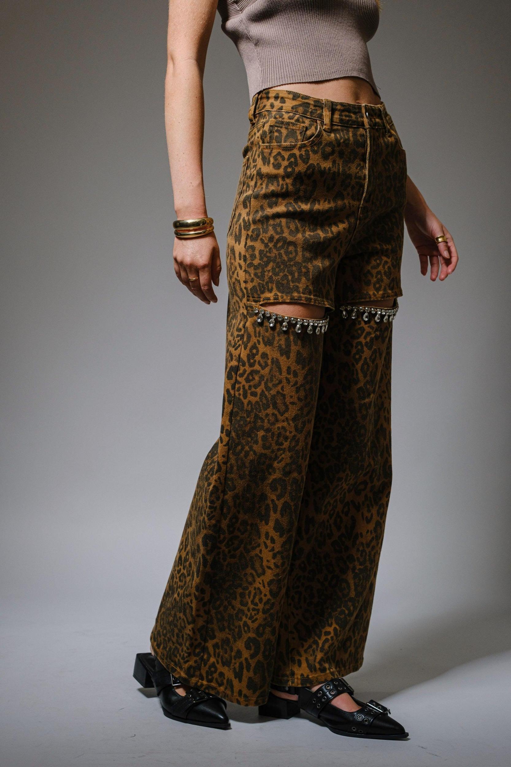 Leopard Cut-Out Rhinestone Jeans Product Image